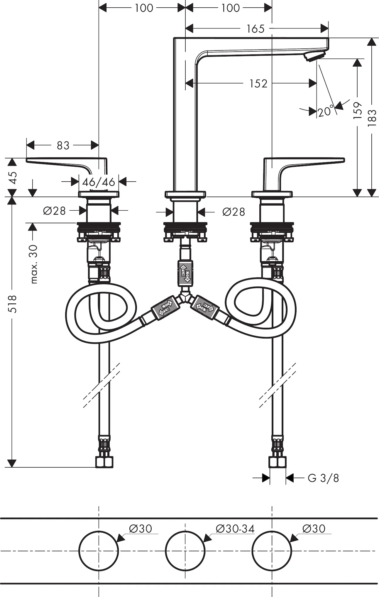 Hansgrohe Metropol 3-Loch Waschtischarmatur 160 mit Hebelgriffen und Push-Open Ablaufgarnitur in Brushed Bronze, Ausladung 152 mm, Auslaufhöhe 159 mm Hansgrohe Metropol 3-Loch Waschtischarmatur 160 mit Hebelgriffen und Push-Open Ablaufgarnitur in Brushed Bronze, Ausladung 152 mm, Auslaufhöhe 159 mm