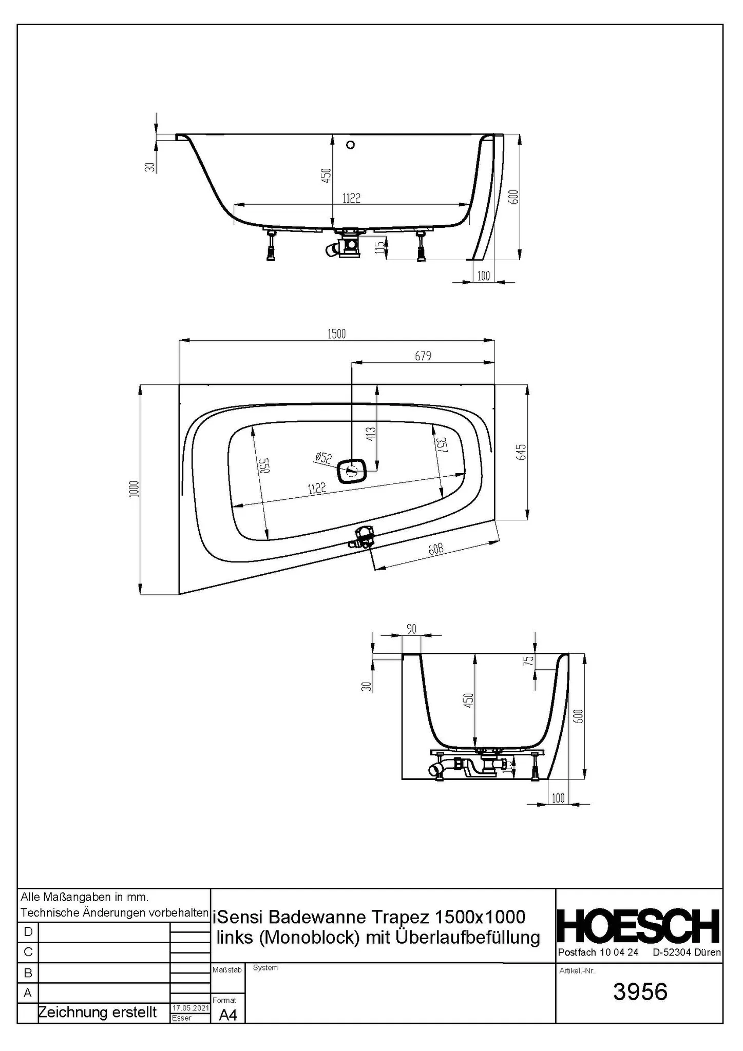 Hoesch iSensi Trapez 1500x1000 Monolith links, Chrom/BiColor Weiß-Grau