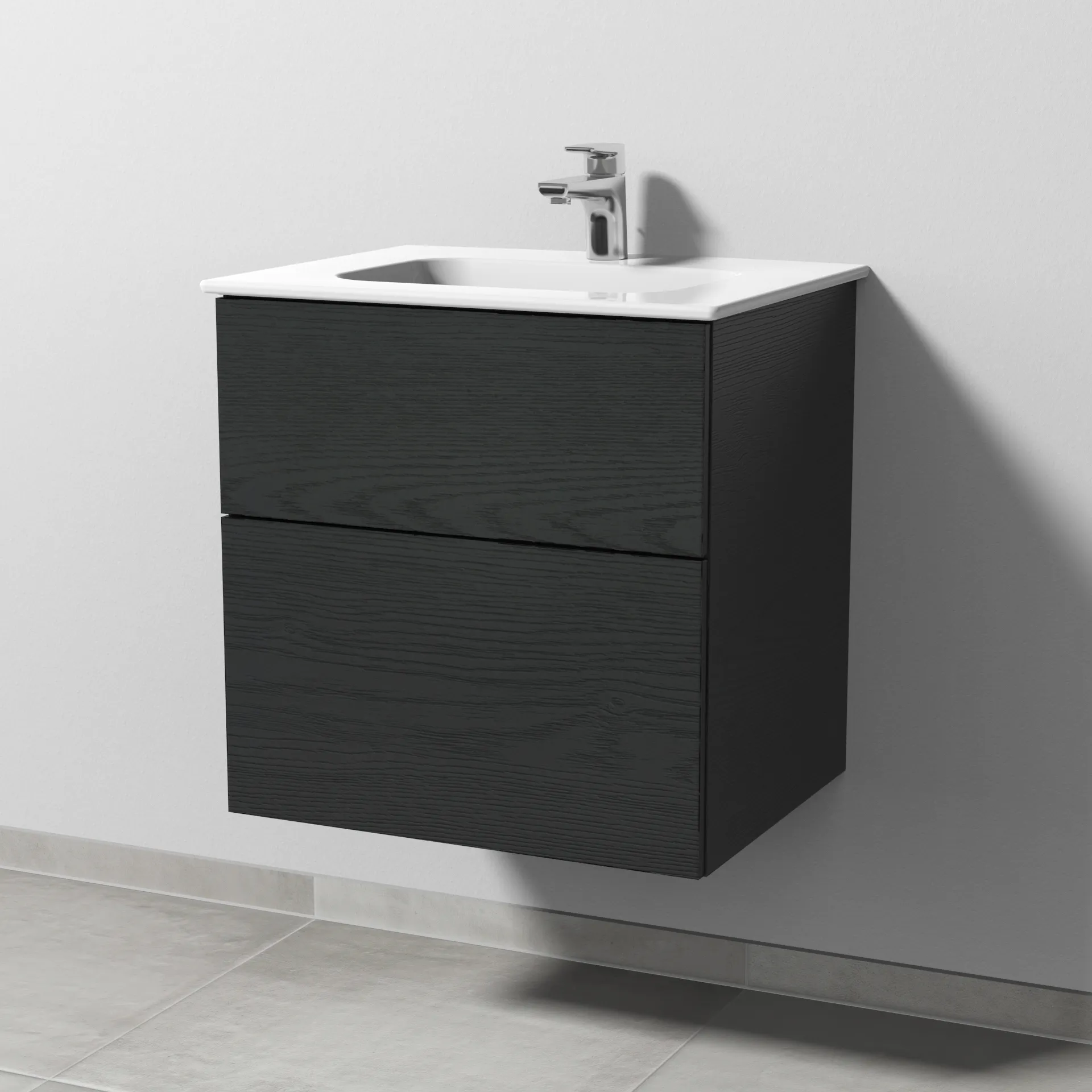 Keramik-Waschtisch-Set mit Waschtischunterschrank „3way“ 57 × 46 × 58,2 cm in Black Oak, mit Hahnlochbohrung, Becken mittig Keramik-Waschtisch-Set mit Waschtischunterschrank „3way“ 57 × 46 × 58,2 cm in Black Oak, mit Hahnlochbohrung, Becken mittig