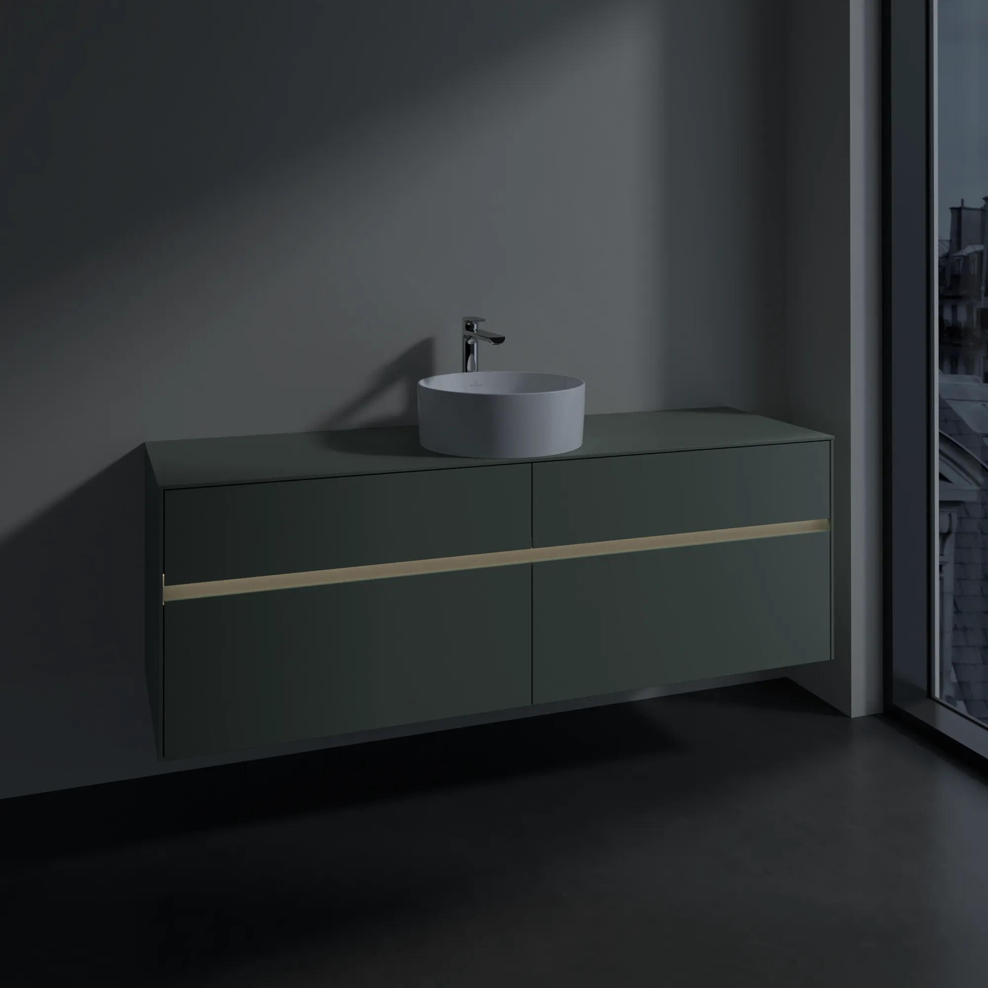 Villeroy & Boch Waschtischunterschrank „Collaro“ 1600 × 548 × 500 mm Soft Green, mit Beleuchtung, für Becken mittig Villeroy & Boch Waschtischunterschrank „Collaro“ 1600 × 548 × 500 mm Soft Green, mit Beleuchtung, für Becken mittig