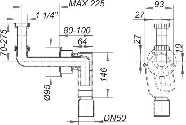 Wandeinbau-Siphon 300 KS, 1 1/4″ x DN 50