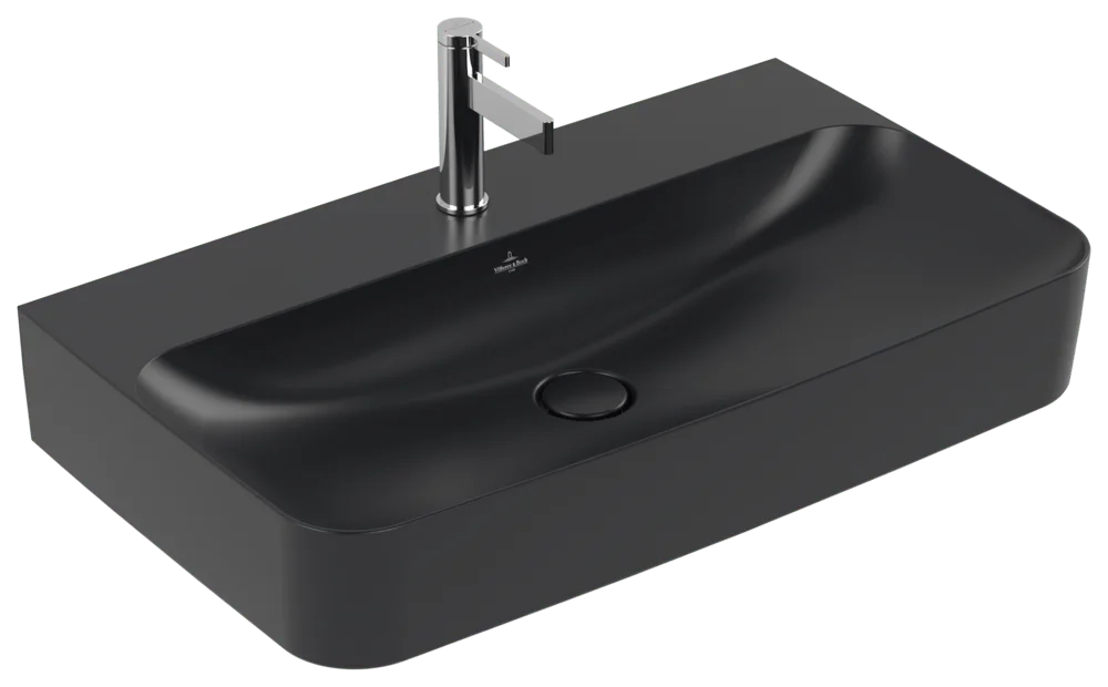 Villeroy & Boch Finion Wandwaschbecken, 800x470x165 mm, Pure Black CeramicPlus, TitanCeram, matt, 3-Loch Armatur, Wandmontage