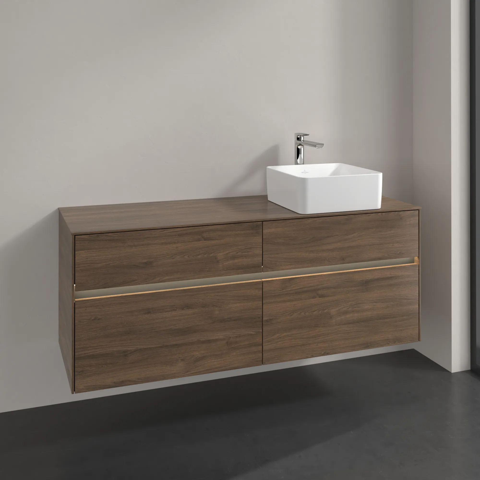 Villeroy & Boch Waschbeckenunterschrank Collaro Arizona Oak, 1400x548x500 mm, mit Beleuchtung und SoftClosing, Eckig