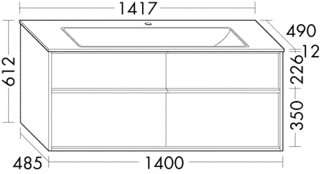 Keramik-Waschtisch Sys K2 inkl. Waschtischunterschrank - Uomo, 1417x382 mm, 2 Schubladen oben, 2 Auszüge unten, Muldentiefe 120 mm, Beckenmaße 1070x306 mm Keramik-Waschtisch Sys K2 inkl. Waschtischunterschrank - Uomo, 1417x382 mm, 2 Schubladen oben, 2 Auszüge unten, Muldentiefe 120 mm, Beckenmaße 1070x306 mm
