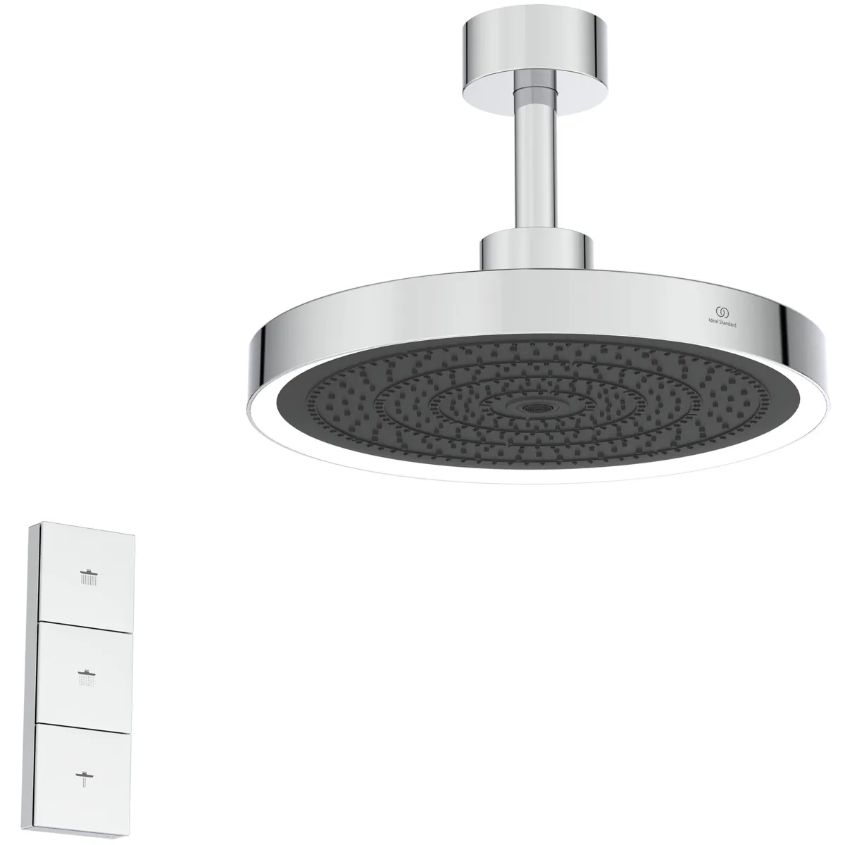 Regenbrause Idealrain Solos mit Deckenanschluss mit LED-Leuchtring mit Fernbedienung Chrom Regenbrause Idealrain Solos mit Deckenanschluss mit LED-Leuchtring mit Fernbedienung Chrom