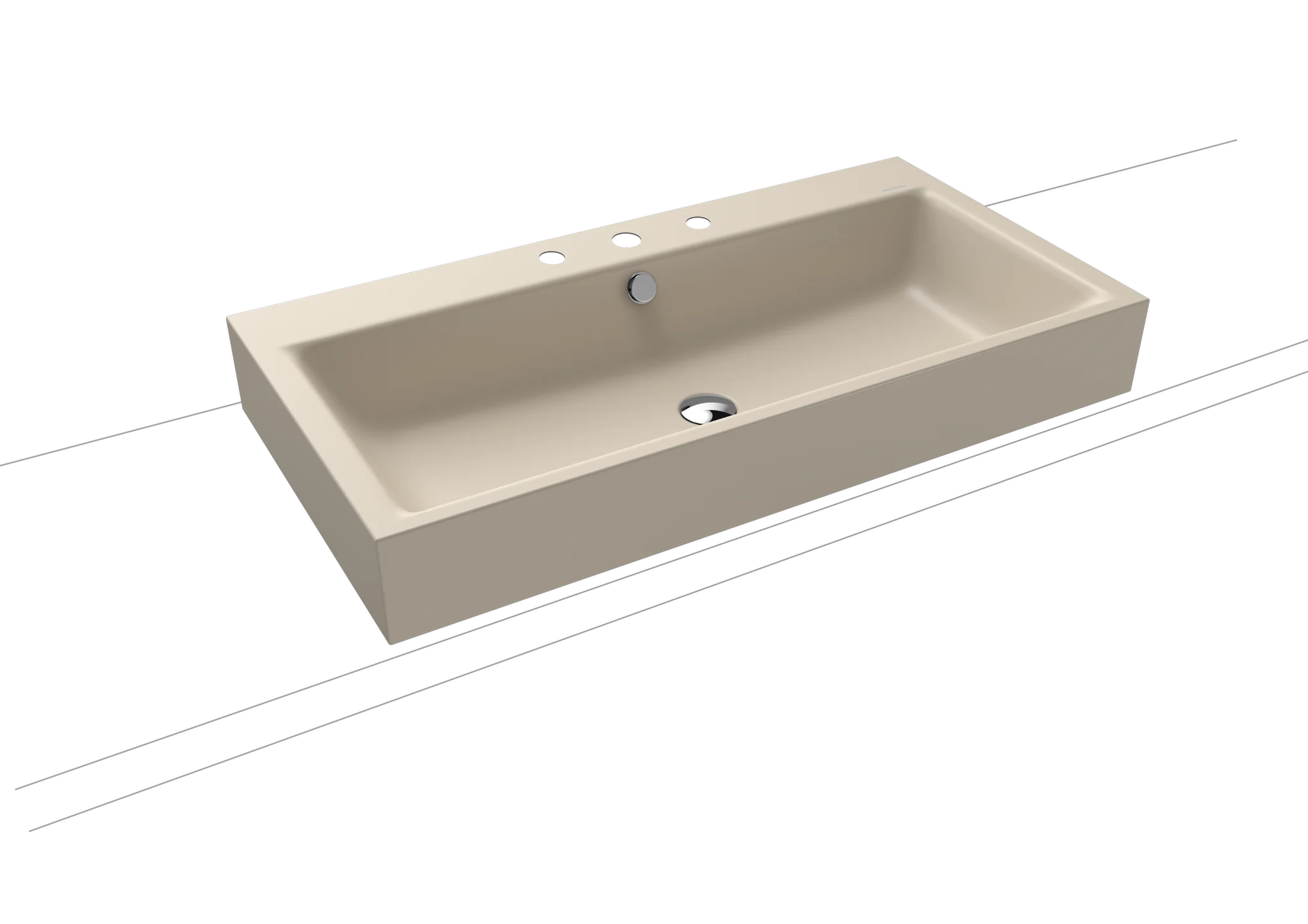 Kaldewei PURO Aufsatzwaschtisch, warm beige, 900x460 mm, Randhöhe 120 mm, mit 3er Hahnlochbohrung und Überlaufgarnitur chrom