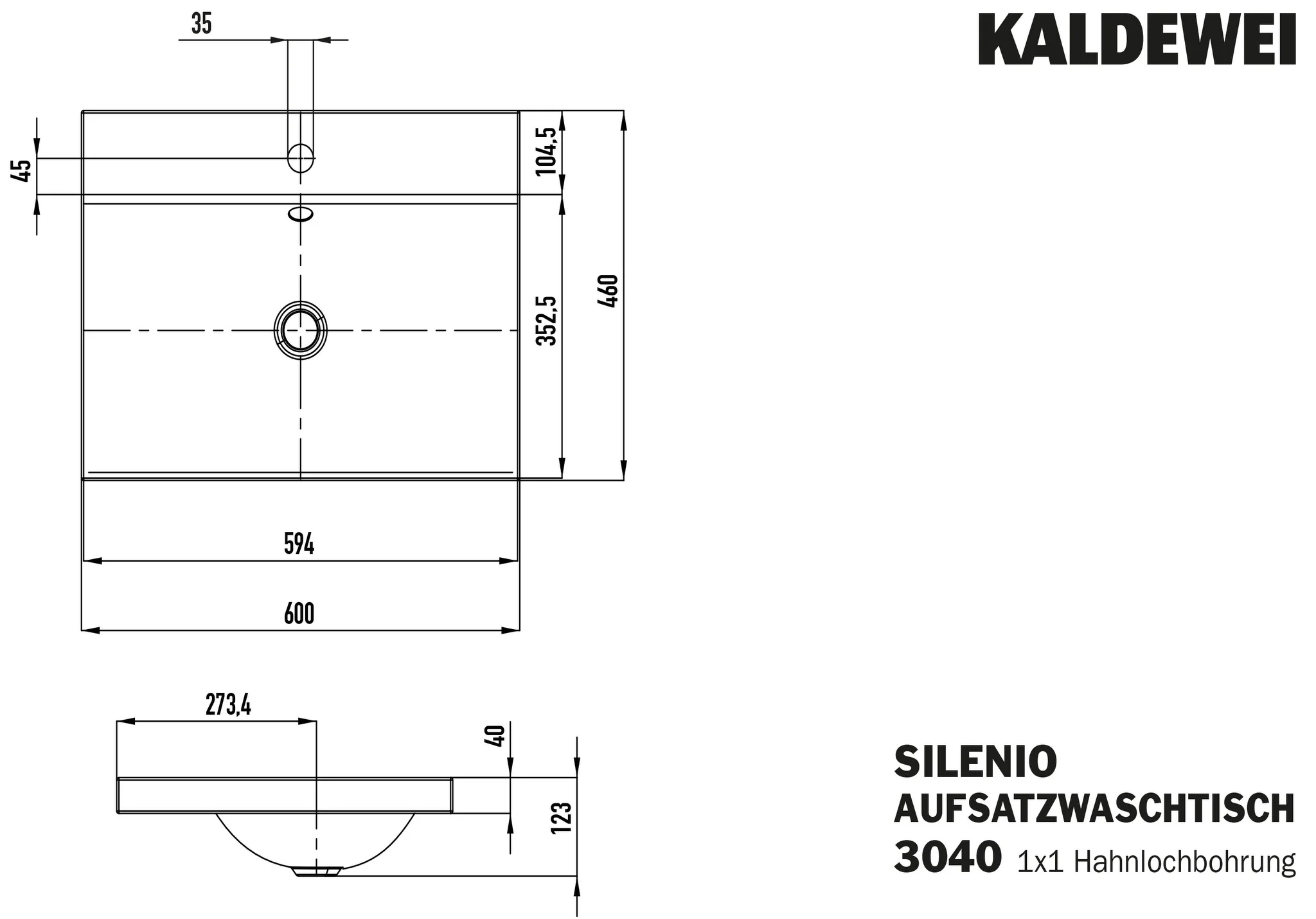 Kaldewei SILENIO Aufsatzwaschtisch, alpinweiß matt, 600x460 mm, Randhöhe 40 mm, mit Überlauf und 1er Hahnlochbohrung