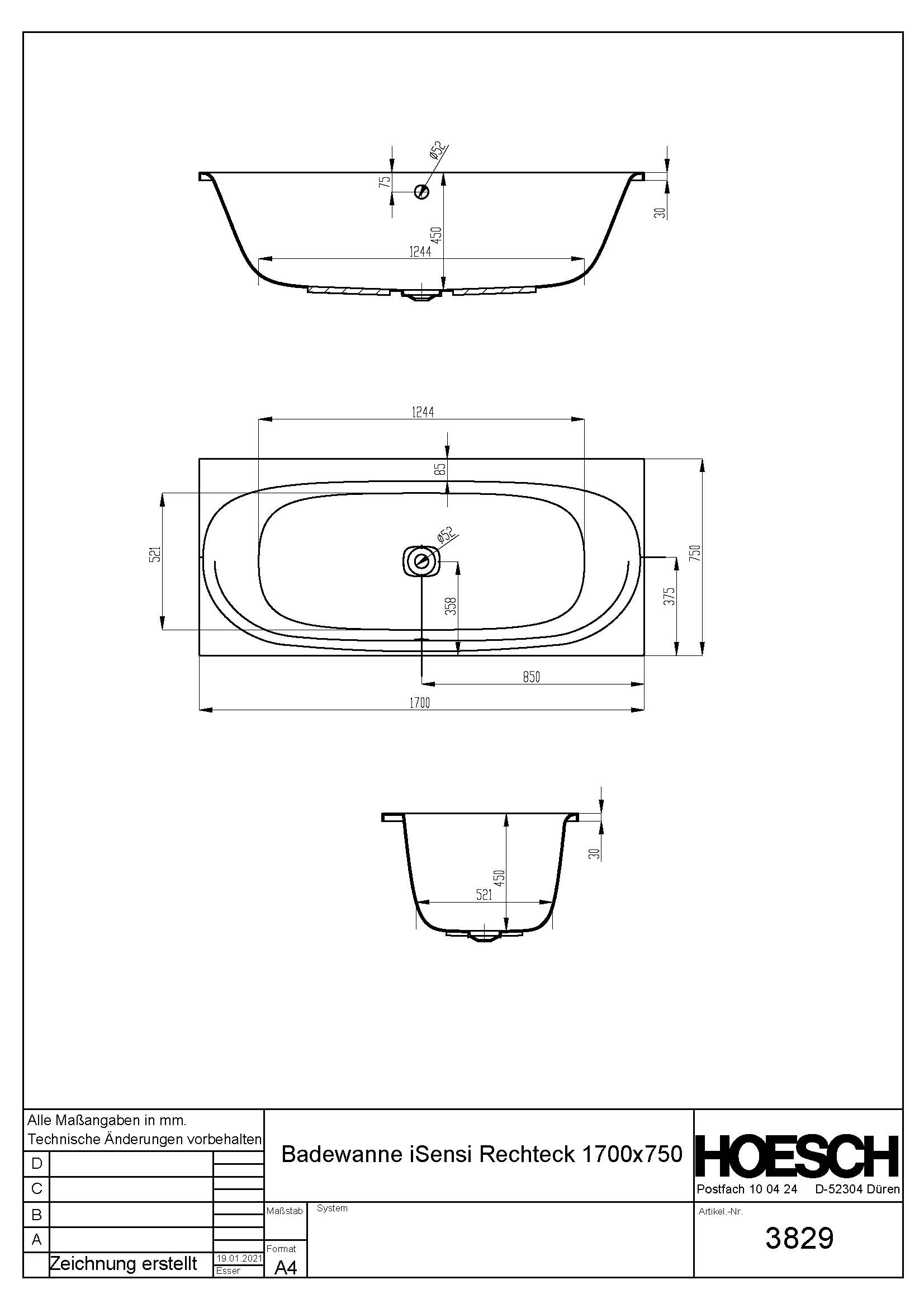 Hoesch Badewanne „iSensi“ rechteck 170 × 75 cm in 