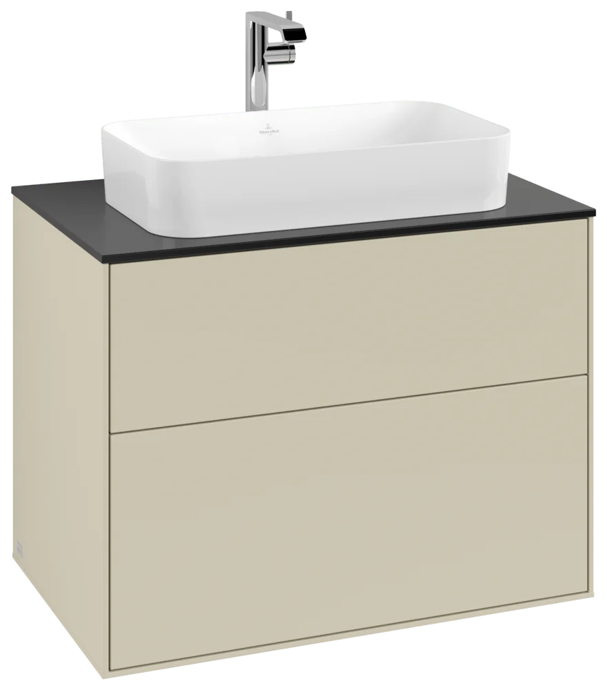 Villeroy & Boch Waschbeckenunterschrank Finion F22, Silk Grey Matt Lacquer / Glass Black Matt, 800 x 603 x 501 mm, mit SoftClosing und Push-to-Open, für Aufsatzwaschbecken