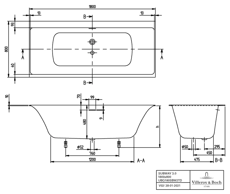 Villeroy & Boch rechteck Badewanne „Subway 3.0“ mit SilentFlow 180 × 80 cm in Weiß Alpin, 