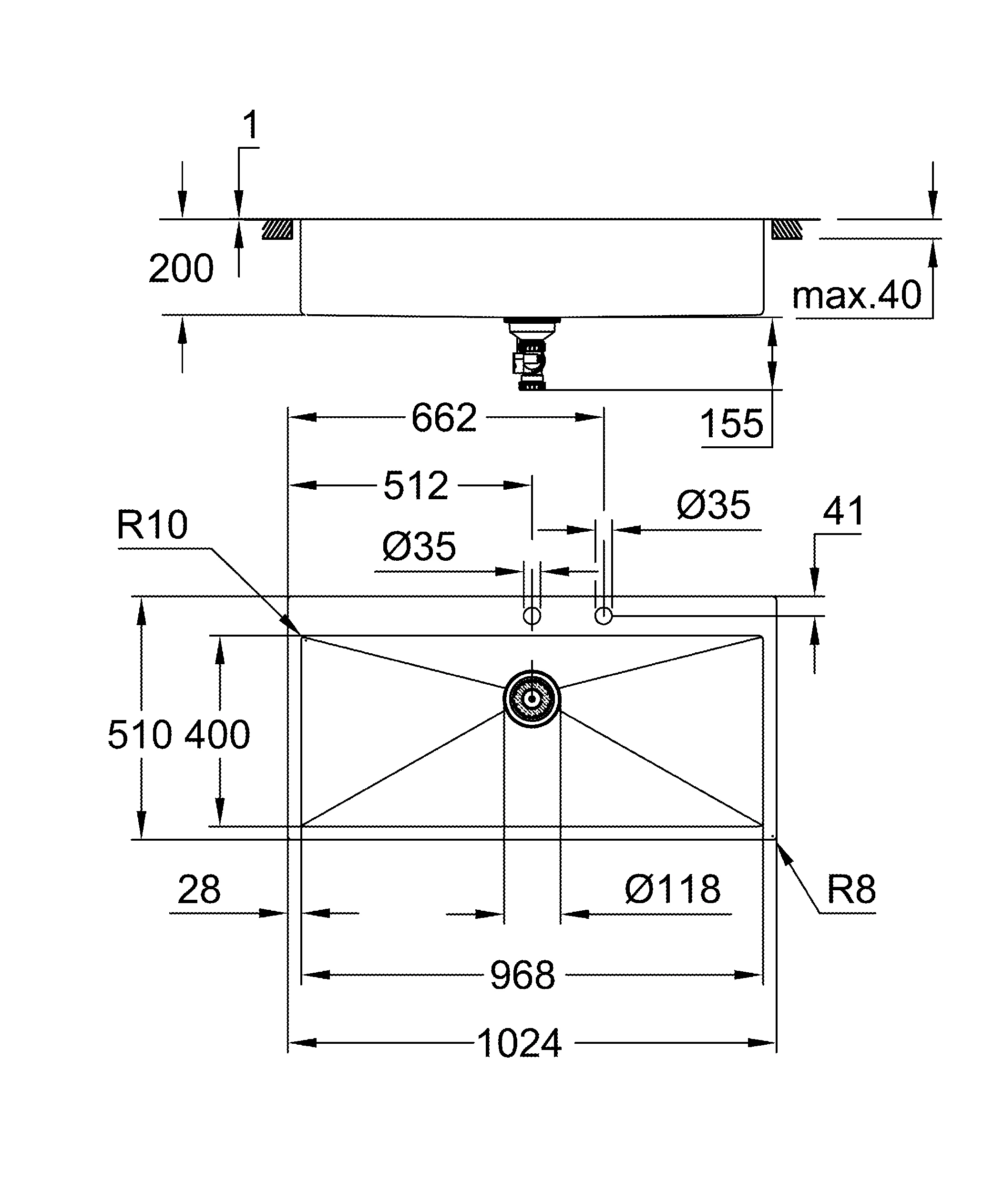 Edelstahlspüle K800 31586_1, Modell: K800 120-S 102,4/51 1.0, Montageart: aufliegend oder flächenbündig, Maße: 1024 x 510 mm, 1 Becken: 968 x 400 x 200 mm, edelstahl