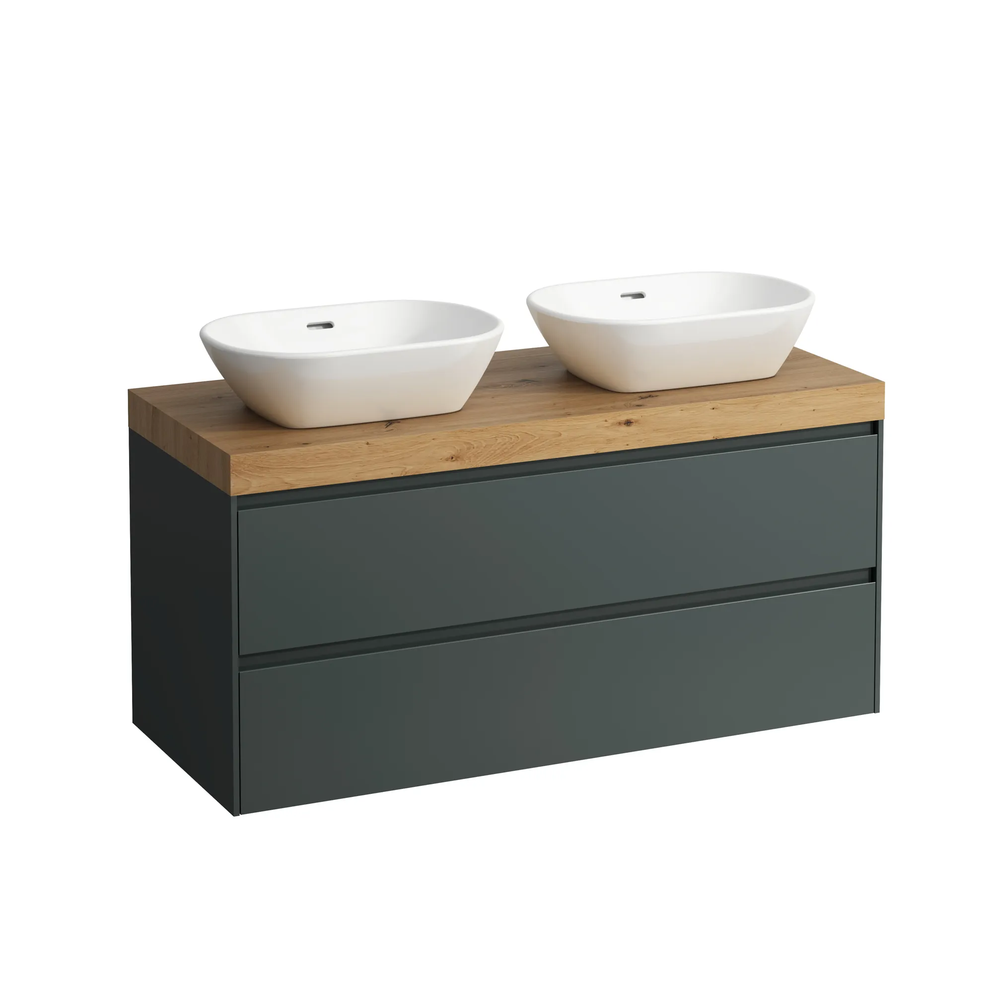 Waschtischunterbau+Waschtischplatte (MODULAR SYSTEM) LANI 495x1185x580 mit Ausschnitt rechts und links rechts Abdeckplatte 65 mm (Farbe: .267 wildeiche), mit 2 Schubladen integrierter Griffleiste Vollauszug und Soft-Close weiß matt
