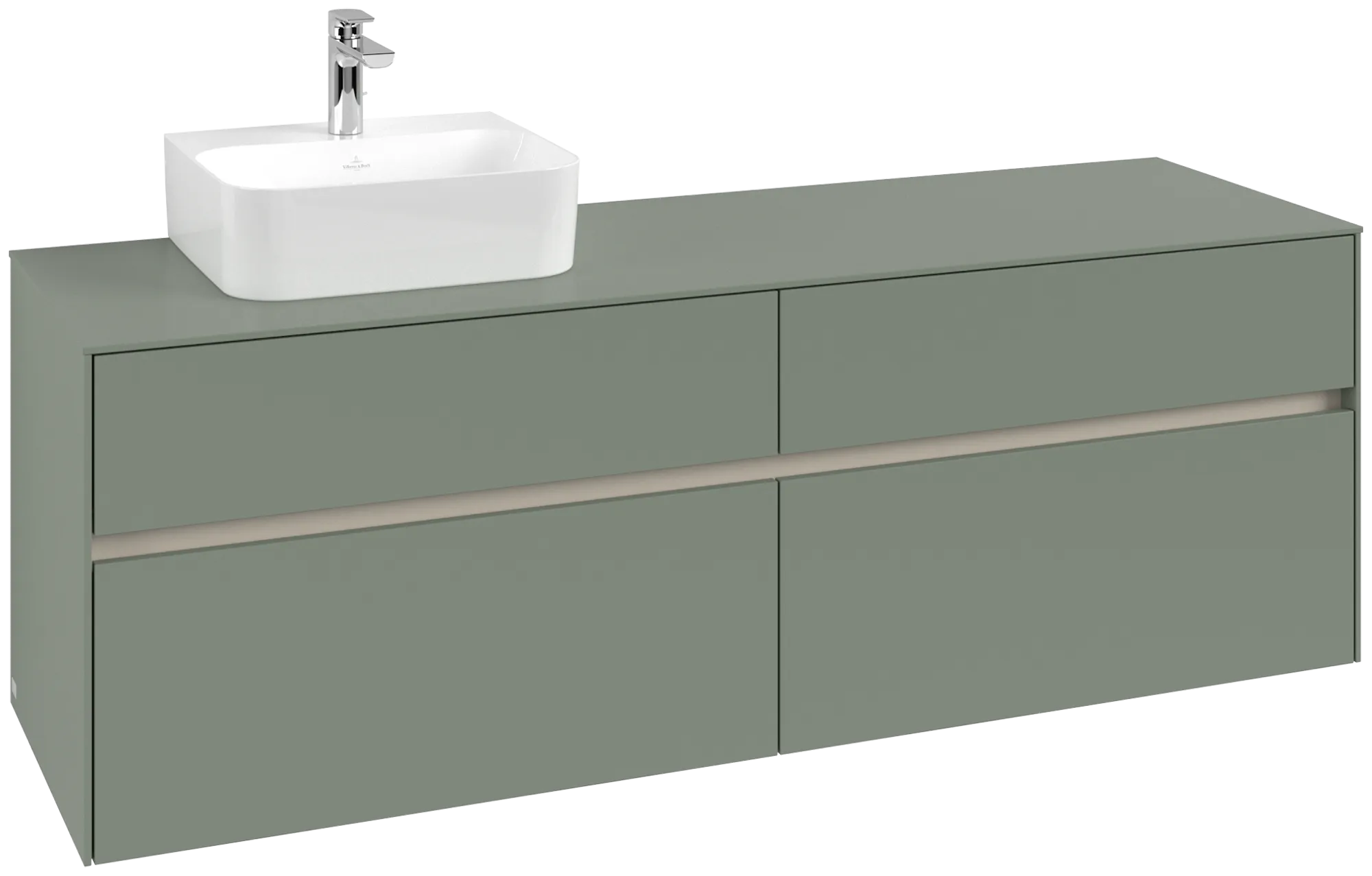 Villeroy & Boch Waschtischunterschrank „Collaro“ 1600 × 548 × 500 mm Soft Green, mit Beleuchtung, für Becken links Villeroy & Boch Waschtischunterschrank „Collaro“ 1600 × 548 × 500 mm Soft Green, mit Beleuchtung, für Becken links