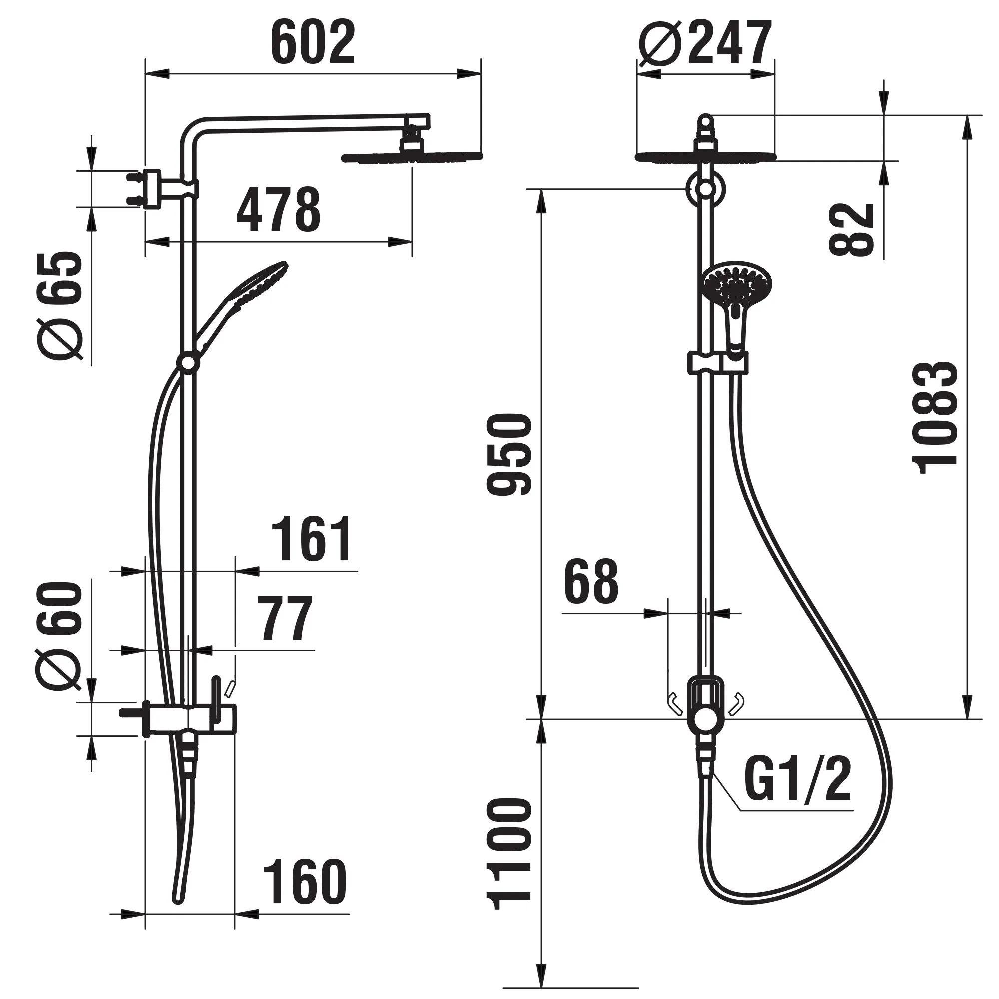 Duschsystem Twin für Simibox 1-Point, Brausenarm schwenkbar ±60° und arretierbar Temperaturlimitierung Mengenlimitierung wasserführende Stange Brausenhalter Kopfbrause Kunststoffschlauch 1500 mm Handbraus chrom