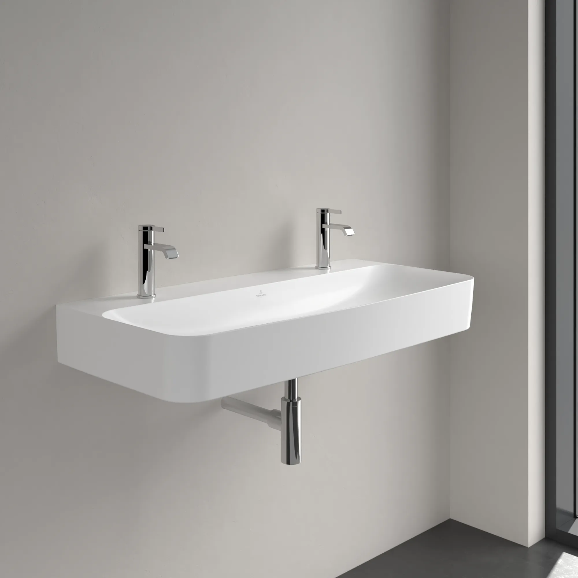 Villeroy & Boch Wandwaschtisch aus TitanCeram „Finion“ 1000 × 470 × 165 mm, Hahnlochposition links und rechts, mit Hahnlochbohrung in Stone White, mit CeramicPlus Villeroy & Boch Wandwaschtisch aus TitanCeram „Finion“ 1000 × 470 × 165 mm, Hahnlochposition links und rechts, mit Hahnlochbohrung in Stone White, mit CeramicPlus
