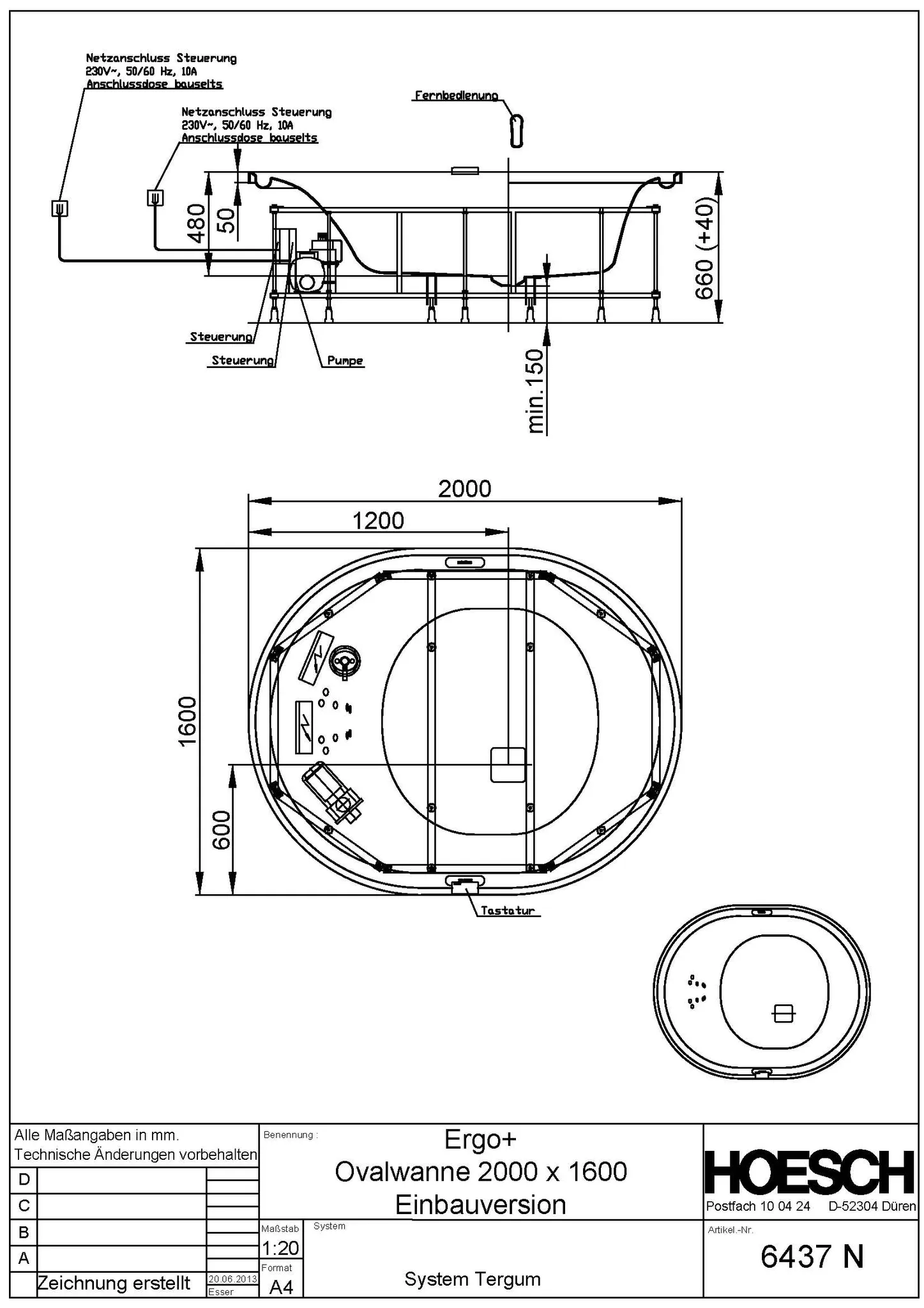 Hoesch Whirlwanne „Ergo+“ mit Whirlsystem „Tergum“ freistehend oval 200 × 160 cm