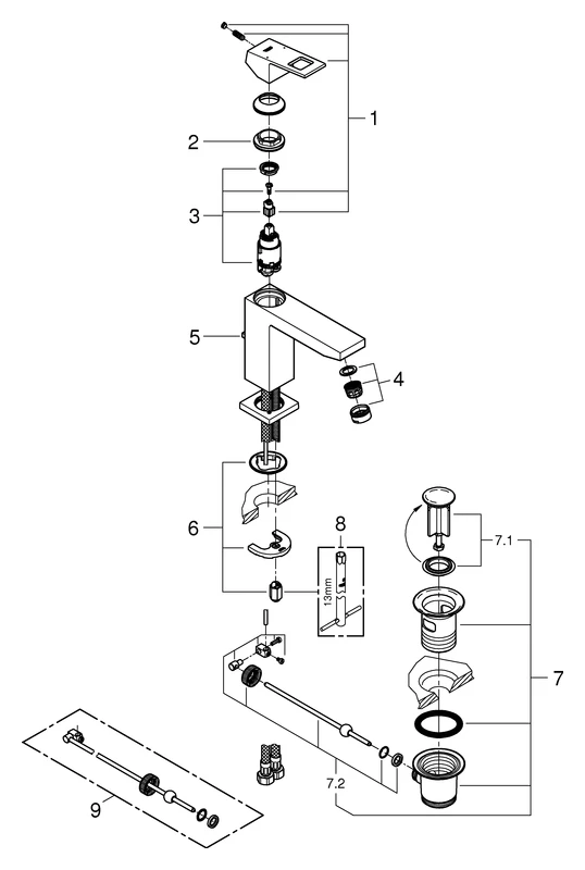 Einhand-Waschtischbatterie Eurocube 23445, M-Size, Einlochmontage, Zugstangen-Ablaufgarnitur 1 1/4'', chrom