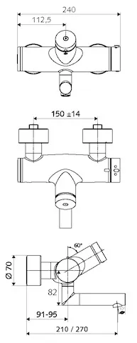 Aufputz-Waschtisch-Armatur VITUS VW-SC-T, Mischwasser, Thermostat, Selbstschluss, 2 RFV, Thermische Desinfektion, 2x DN 15 G 1/2 AG, Ausladung bis Mitte Strahlregler: 270 mm, chrom
