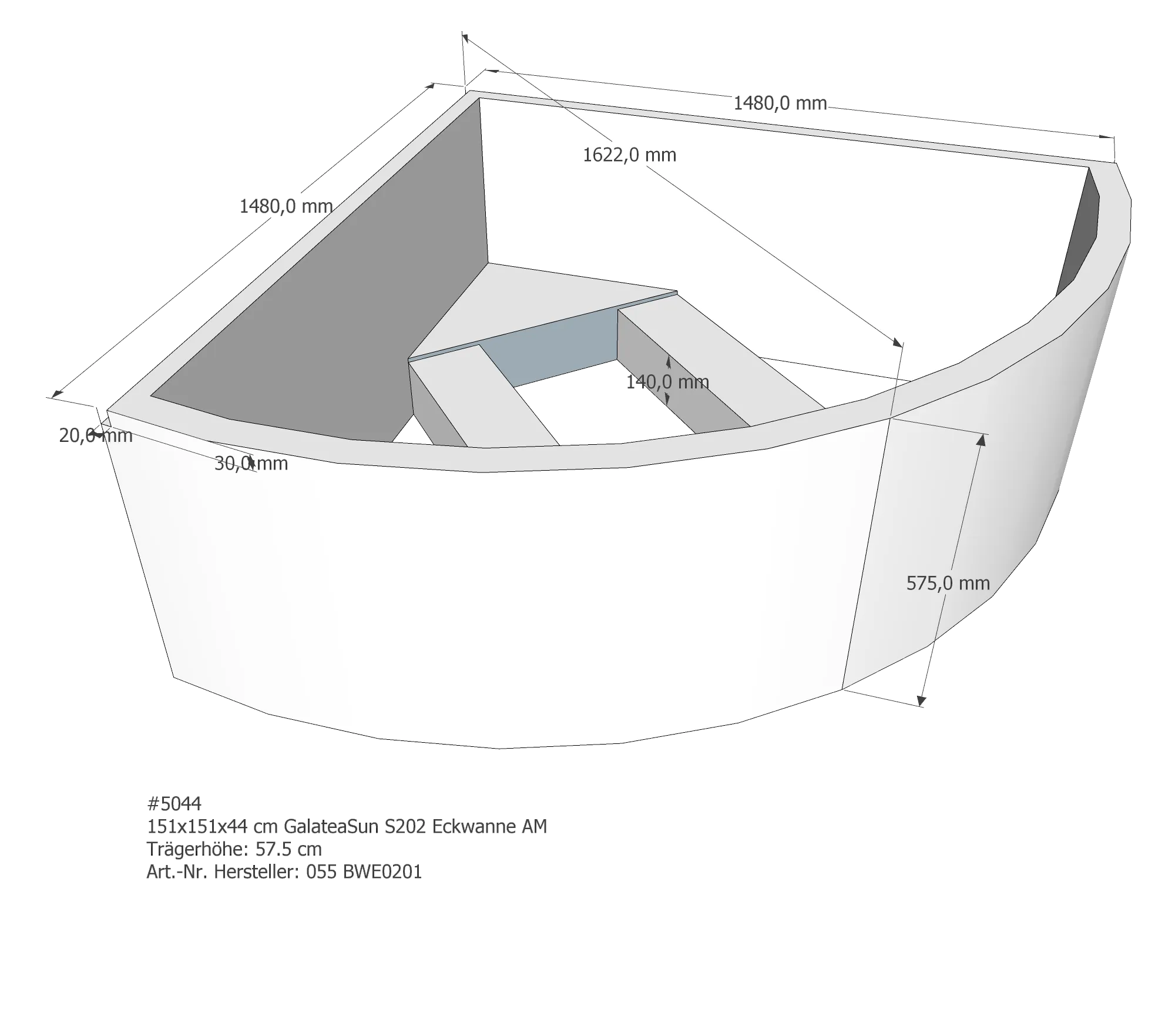 Badewannenträger passend für Galatea S 202 151 × 151 × 44 cm Badewannenträger passend für Galatea S 202 151 × 151 × 44 cm