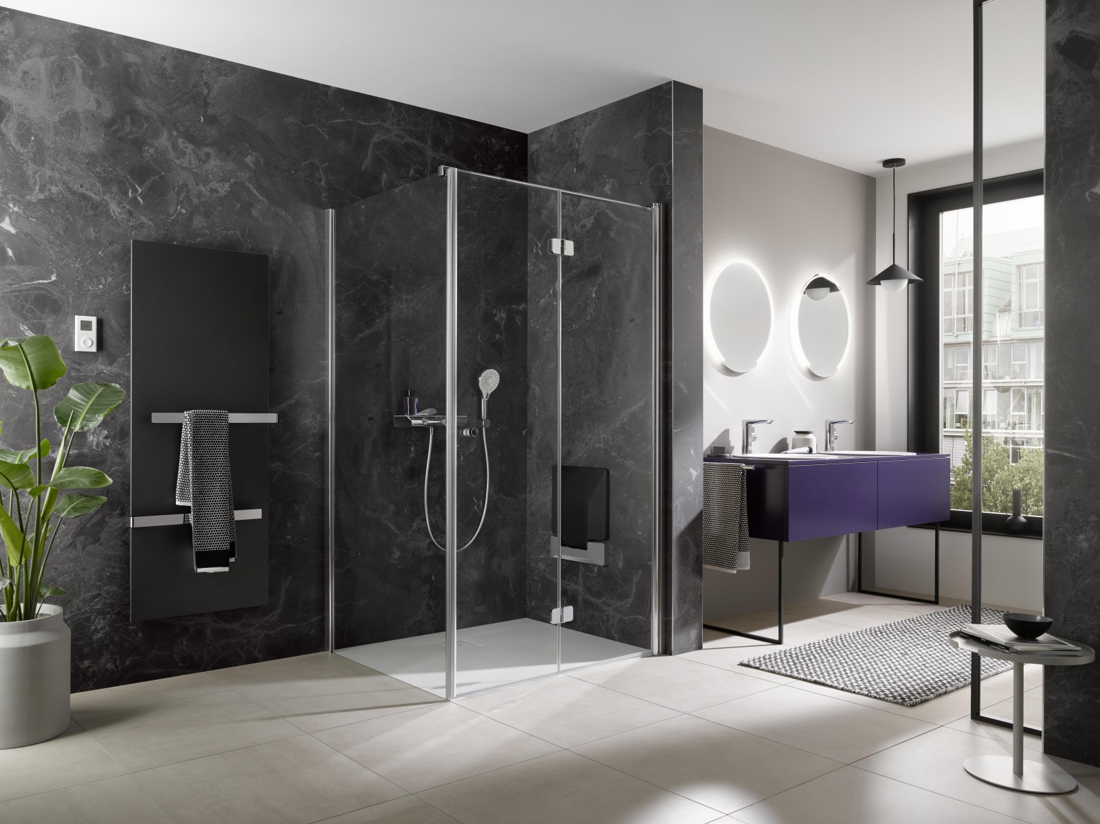 HSK teilgerahmte Drehfalttür pendelbar „Exklusiv 2.0“ für Seitenwand Glas Mattglas, Profile Alu Silber-matt, Scharniere Premium Classic, B: 900 mm H: 2000 mm