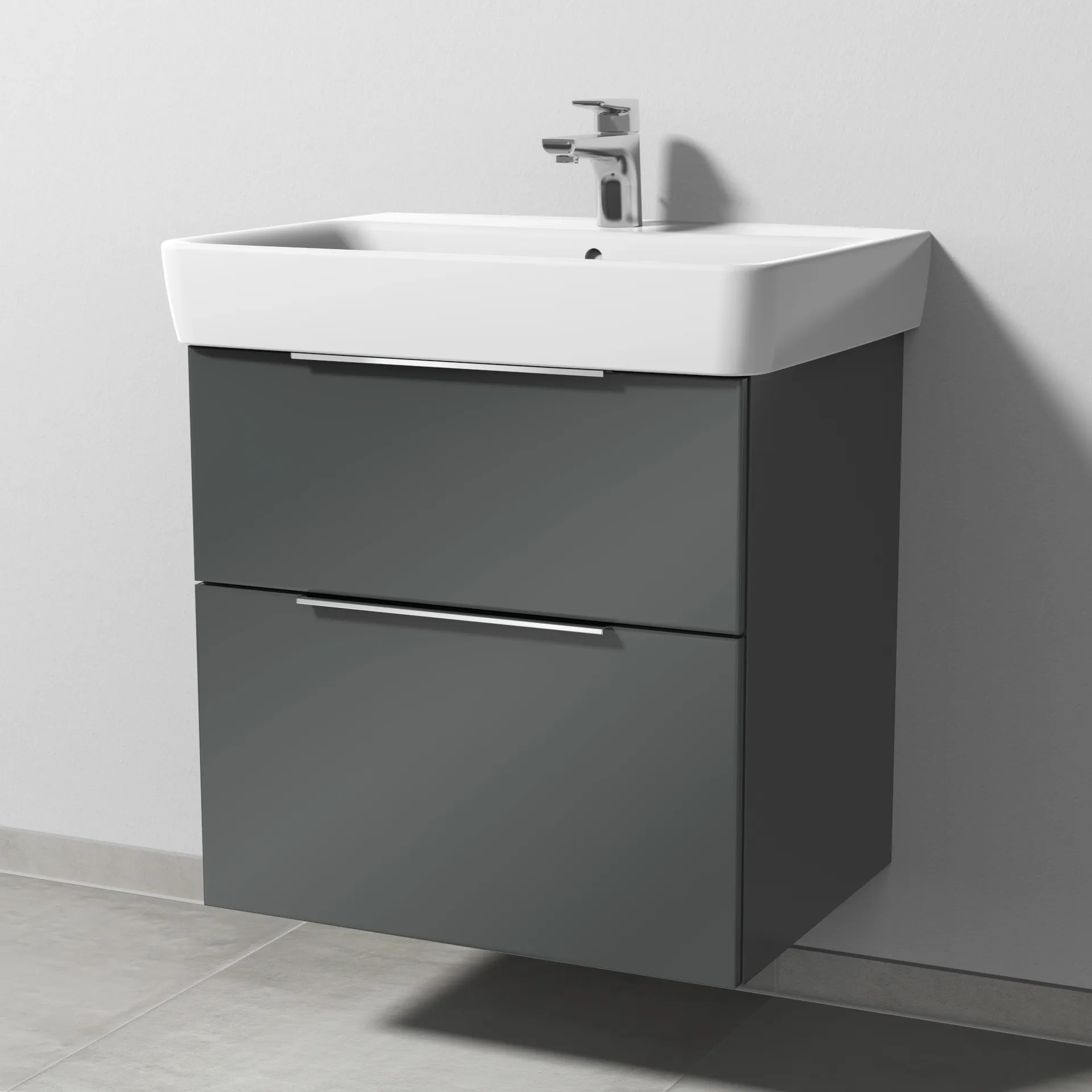Sanipa Waschtischunterschrank „3way“ passend zu Keramik-Waschtische Renova Plan von Geberit 590 × 588 × 407 mm in Anthrazit (glanz), Becken mittig