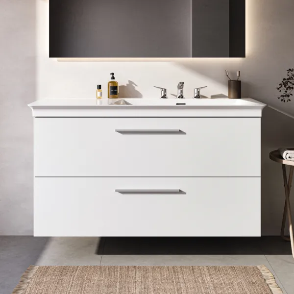 Möbelwaschtischunterschrank i.life B 2 Auszüge Siphonausschnitt auf der rechten Seite 1200x505x630mm Weiß matt Möbelwaschtischunterschrank i.life B 2 Auszüge Siphonausschnitt auf der rechten Seite 1200x505x630mm Weiß matt