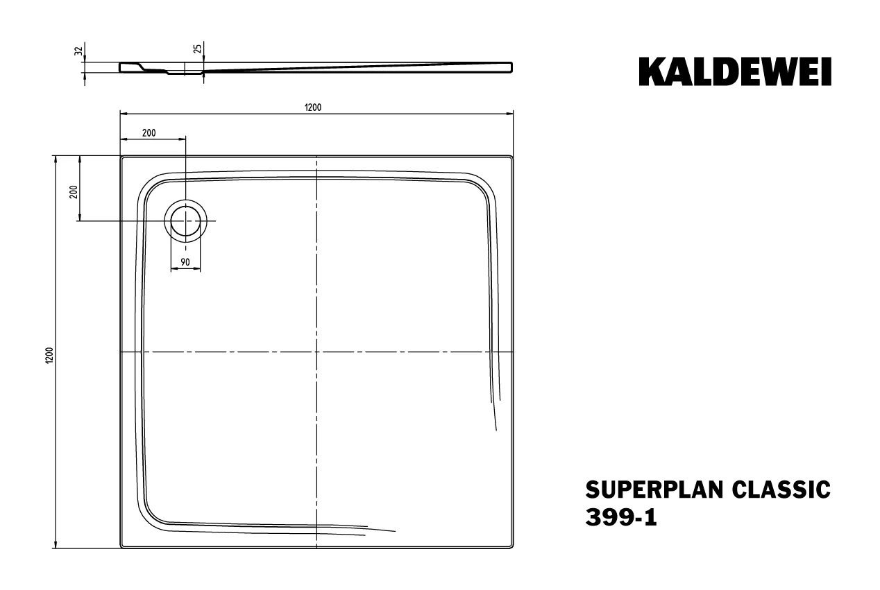Kaldewei SUPERPLAN CLASSIC Duschfläche, 1200x1200 mm, alpinweiß, bodengleich, Eckablauf, 25 mm tief