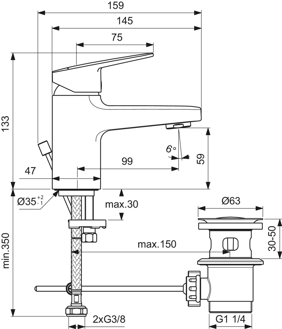 Waschtischarmatur Ceraplan H60 mit Ablaufgarnitur Ausladung 99mm Chrom