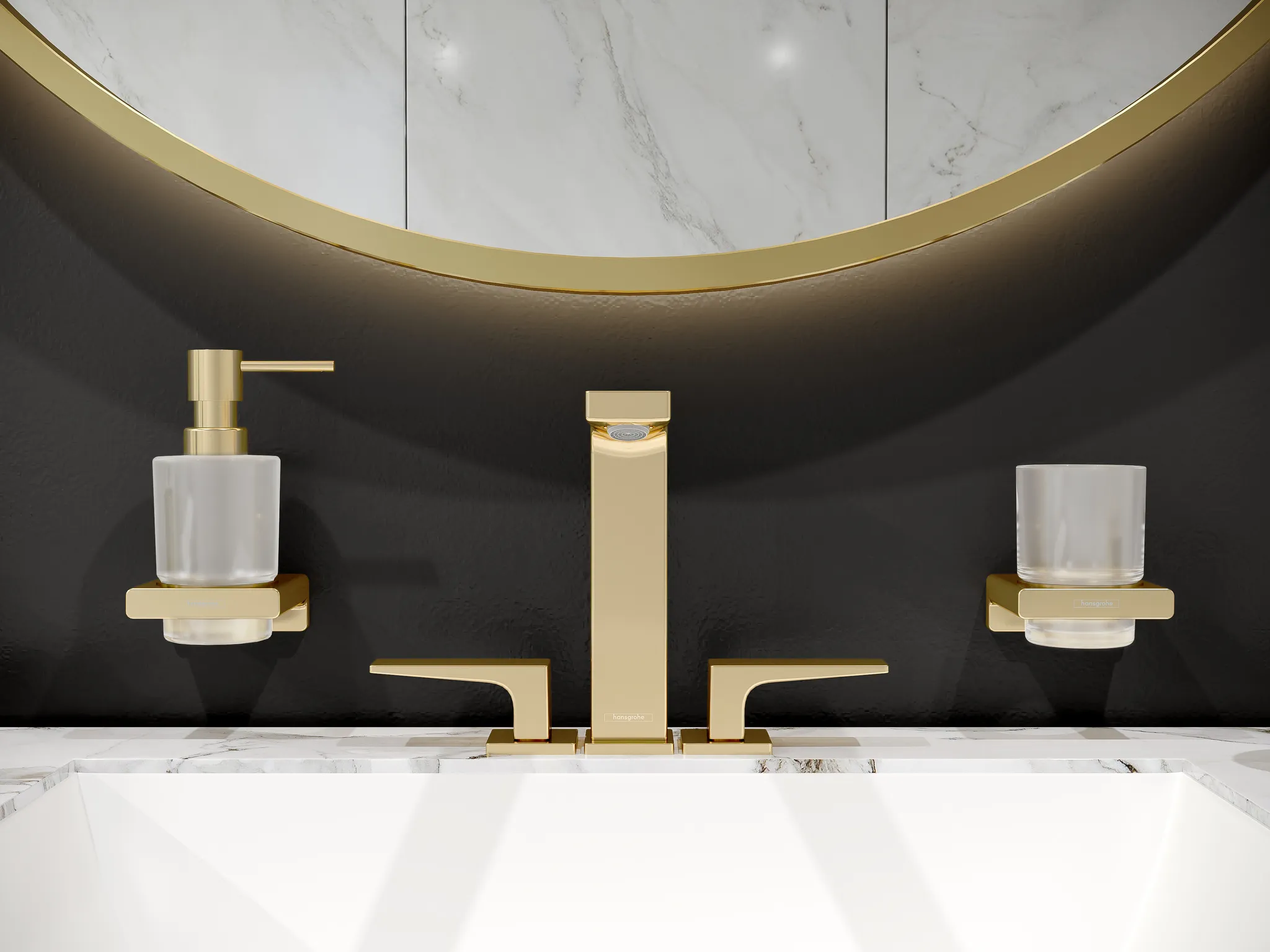 Hansgrohe AddStoris Q Lotionspender Polished Gold Optic, Wandmontage, Metallhalterung, Mattglasbehälter, 200 ml Füllmenge, 2 ml Dosiermenge, mit Befestigungsmaterial, verdeckte Befestigung, Bohrabstand 26 mm, Bohrlochdurchmesser 6 mm