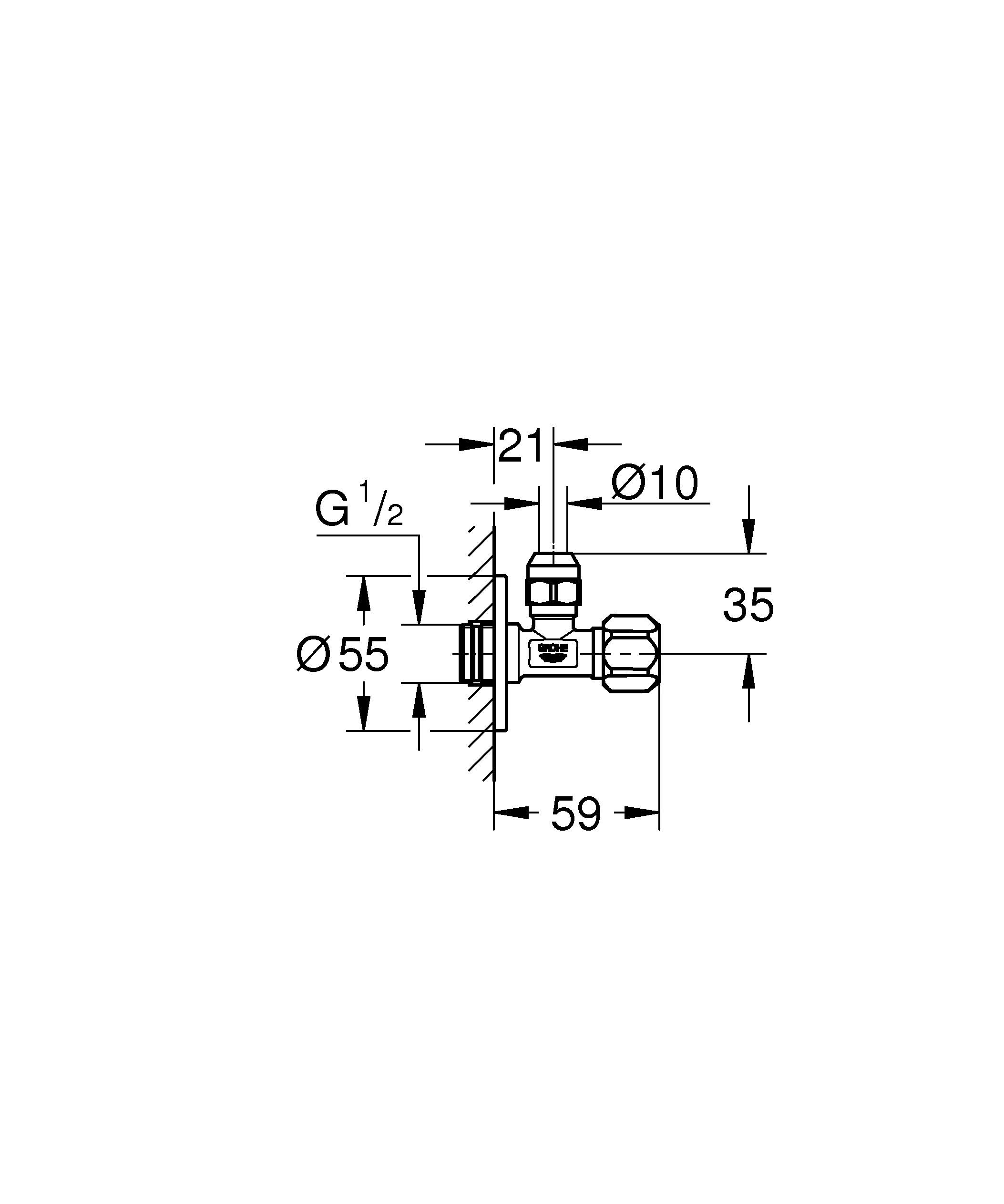 Eckventil 22023, Wandanschluss 1/2'', Abgang 3/8'', selbstdichtendes Anschlussgewinde, Quetschverschraubung Ø 10 mm, Schubrosette aus Metall, chrom