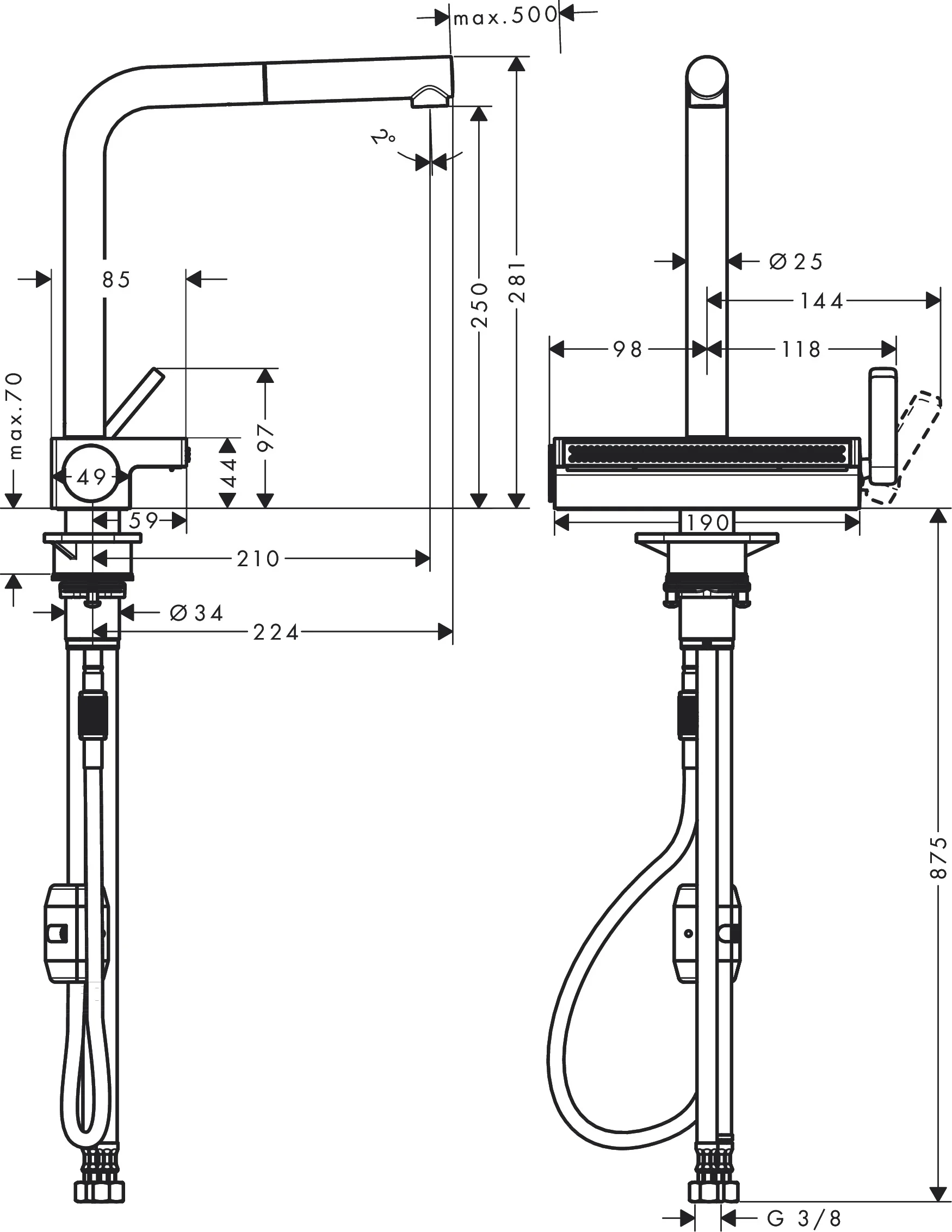 Hansgrohe Aquno Select M81 Einhebel-Küchenmischer 250, Ausziehauslauf, 2-Jet, mattschwarz