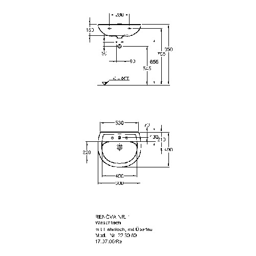 Wandwaschtisch „Renova“, mit Überlauf, Hahnlochposition mittig 60 × 49 cm Wandwaschtisch „Renova“, mit Überlauf, Hahnlochposition mittig 60 × 49 cm
