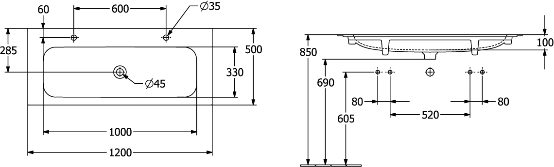 Villeroy & Boch Schrankwaschtisch aus TitanCeram „Finion“ 1200 × 500 × 160 mm, Hahnlochposition links und rechts, mit Hahnlochbohrung in Weiß Alpin, mit CeramicPlus