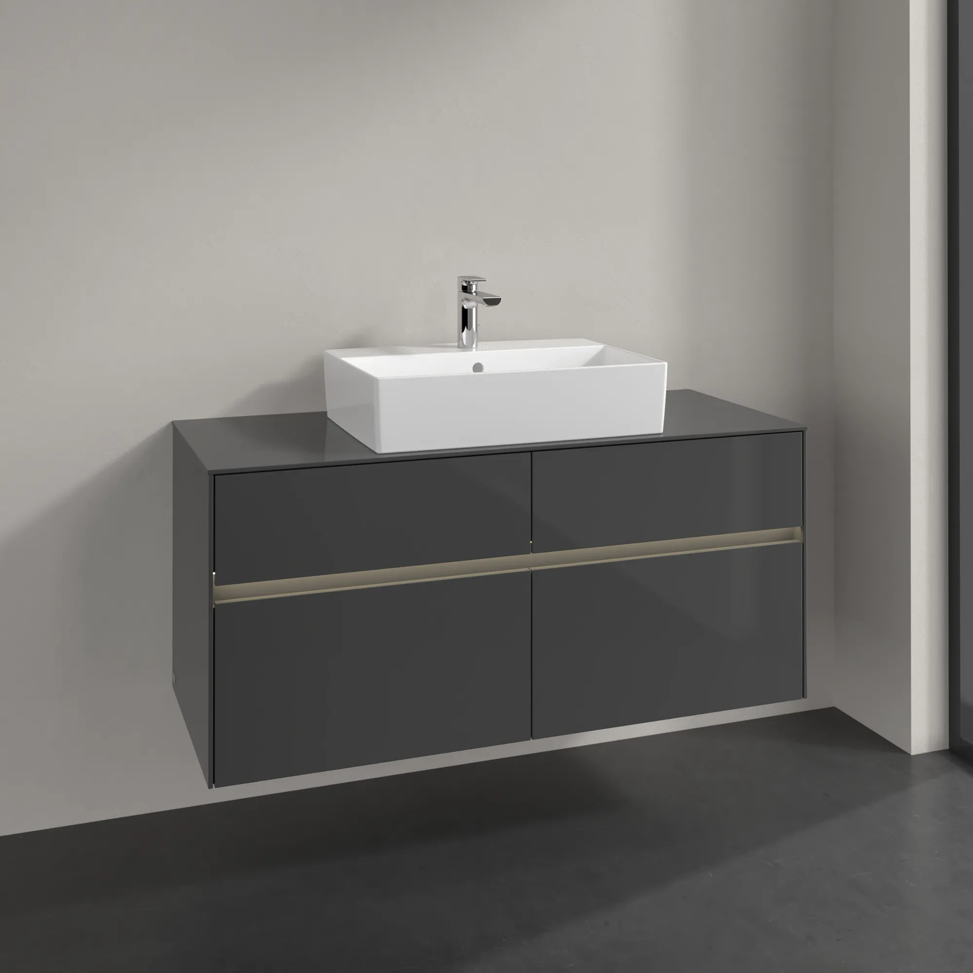 Villeroy & Boch Waschtischunterschrank „Collaro“ 1200 × 548 × 500 mm Glossy Grey, mit Beleuchtung, für Becken mittig