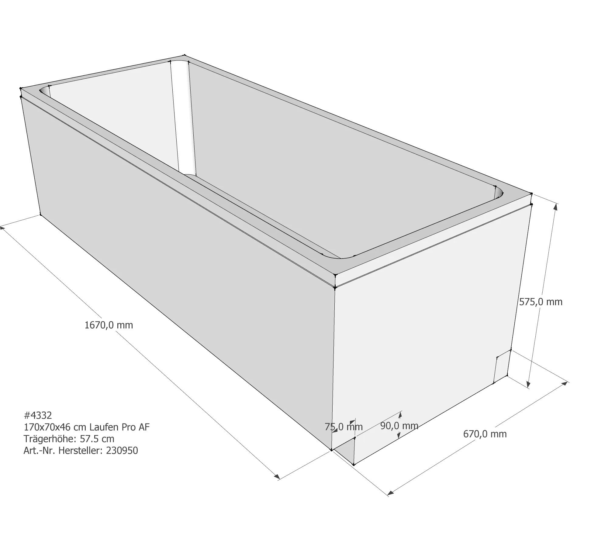Badewannenträger passend für Laufen Pro 170 × 70 × 46 cm