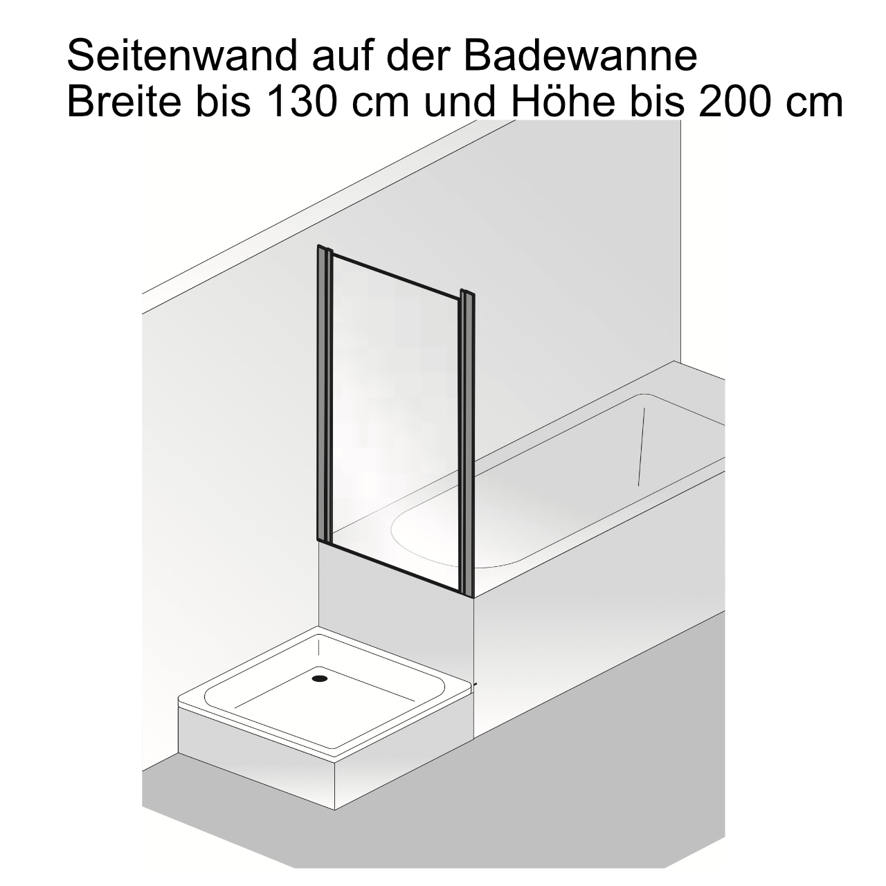 HSK gerahmte Seitenwand auf der Badewanne für Drehtür „Favorit Nova“ Glas Klar hell, Profile Alu Silber-matt,