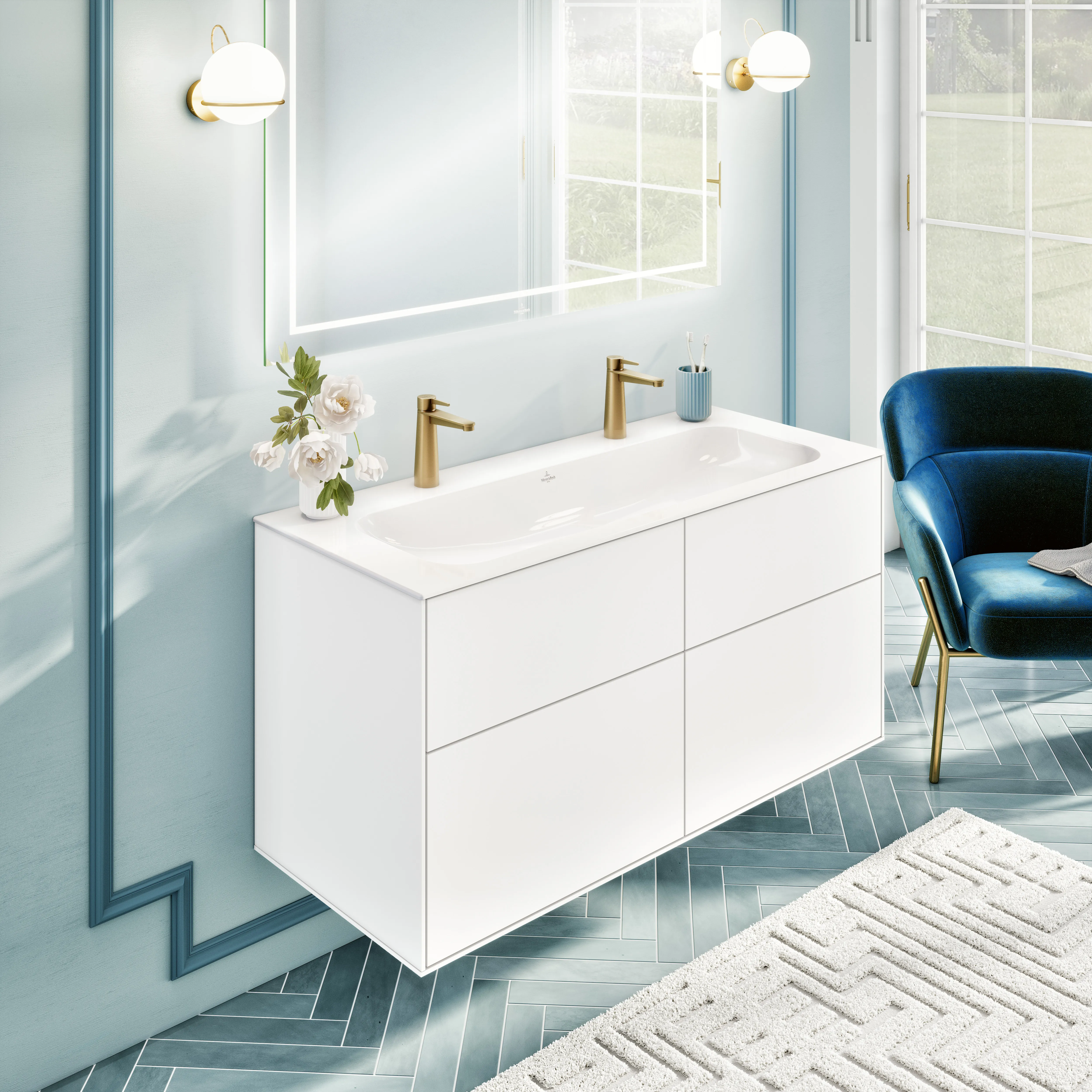 Villeroy & Boch Schrankwaschtisch aus TitanCeram „Finion“ 1200 × 500 × 160 mm, Hahnlochposition links und rechts, mit Hahnlochbohrung in Weiß Alpin, mit CeramicPlus Villeroy & Boch Schrankwaschtisch aus TitanCeram „Finion“ 1200 × 500 × 160 mm, Hahnlochposition links und rechts, mit Hahnlochbohrung in Weiß Alpin, mit CeramicPlus