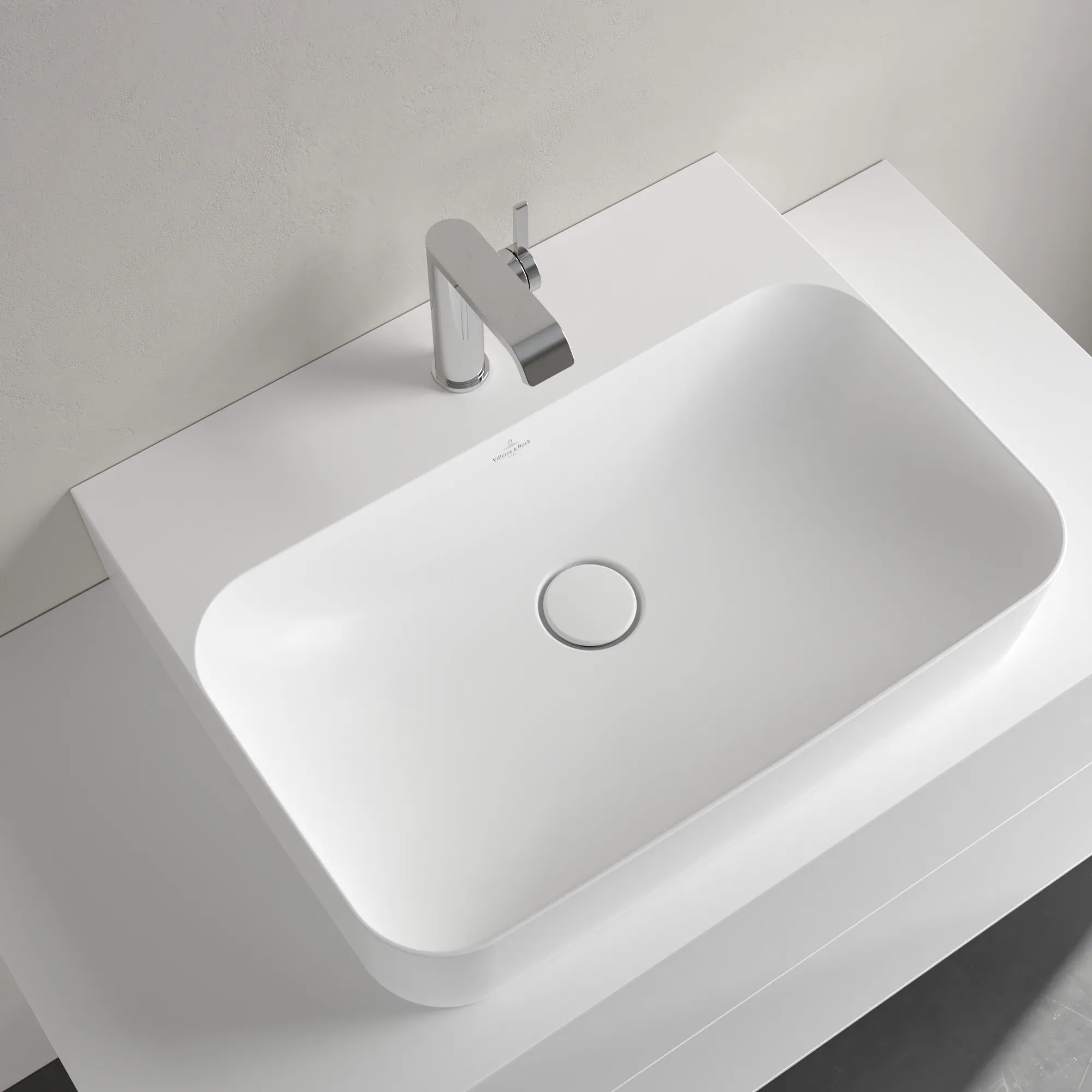 Villeroy & Boch Wandwaschtisch aus TitanCeram geschliffen „Finion“ 600 × 470 × 164 mm, mit Hahnlochbohrung, Hahnlochposition mittig in Stone White, mit CeramicPlus