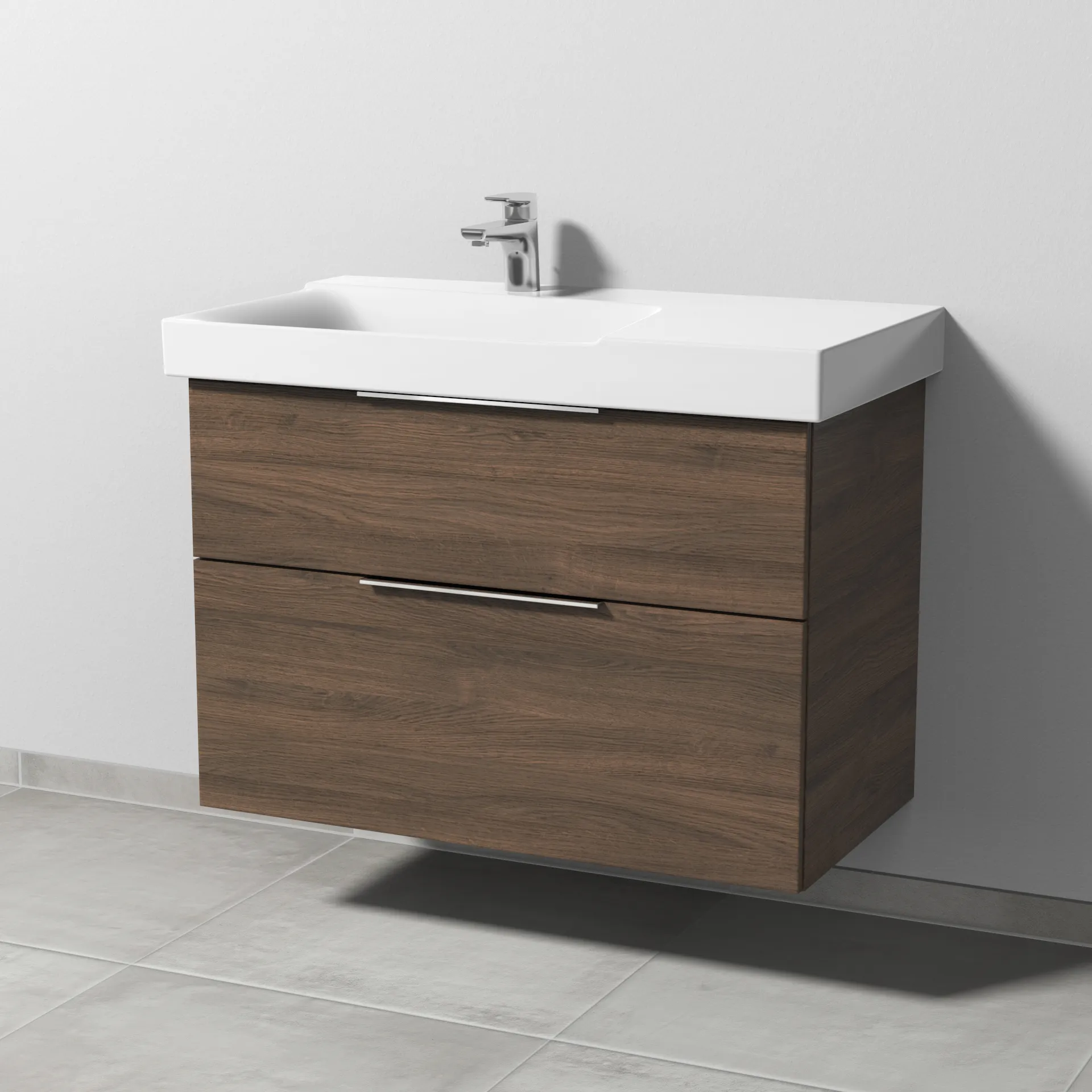 Sanipa Waschtischunterschrank „3way“ passend zu Keramik-Waschtische Xeno2 von Geberit 850 × 593 × 452 mm in Eiche Arizona, Becken links