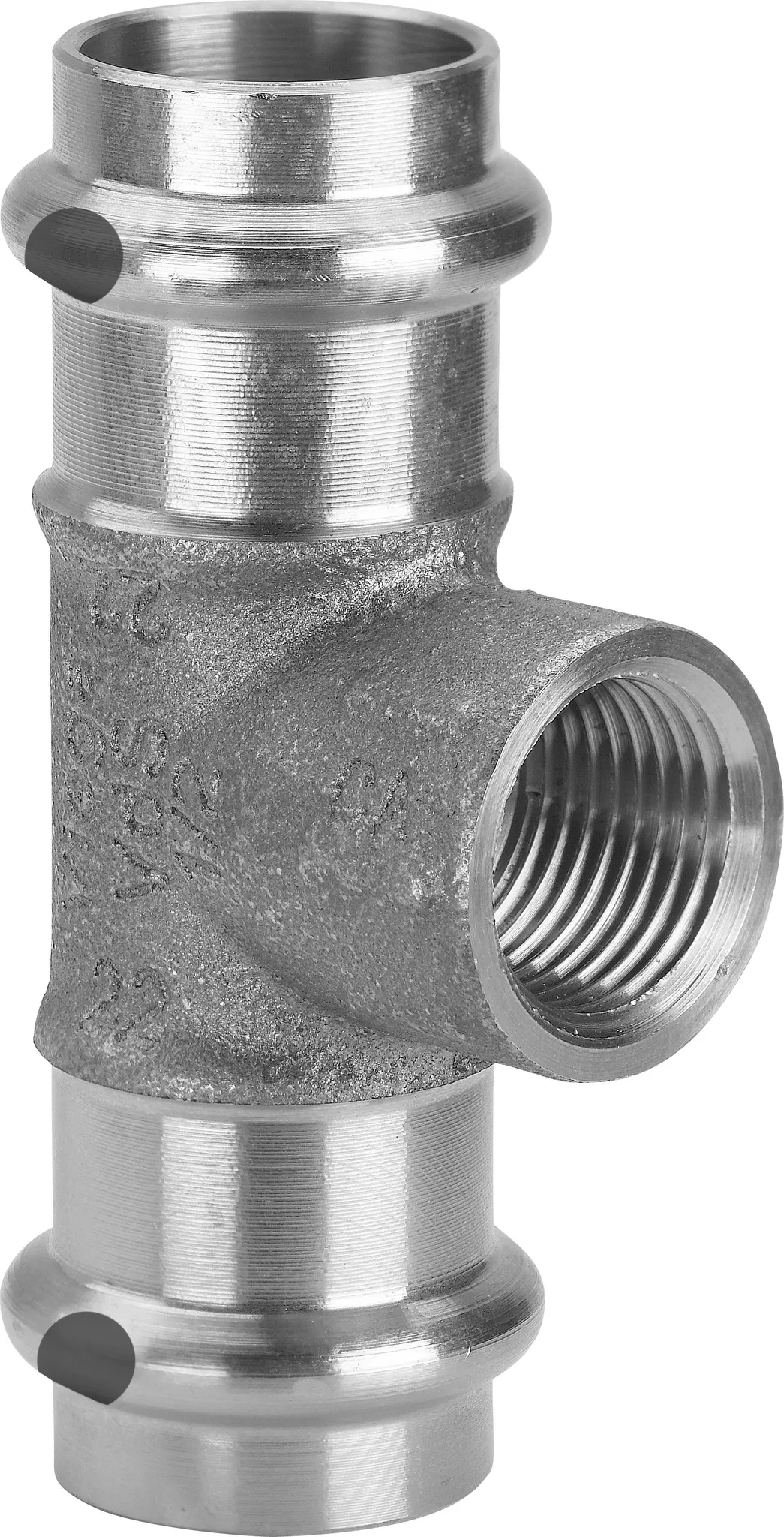 „Sanpress“ T-Stück mit 2 Muffen und Innengewinde 54 mm × 1/2″ × 54 mm „Sanpress“ T-Stück mit 2 Muffen und Innengewinde 54 mm × 1/2″ × 54 mm