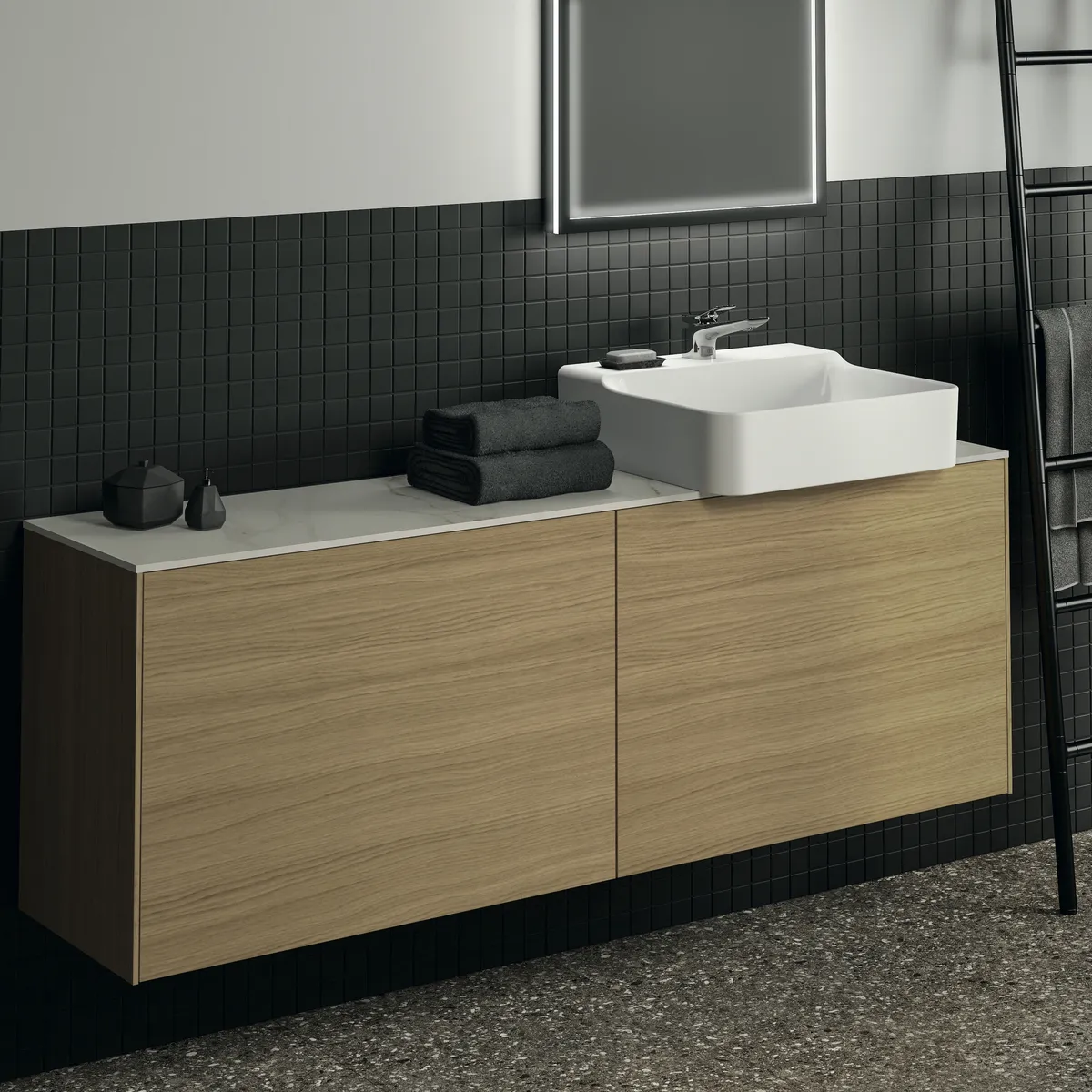 Waschtischplatte Conca, aus Keramik, 1587x373x6mm, Marmor Noir Desir