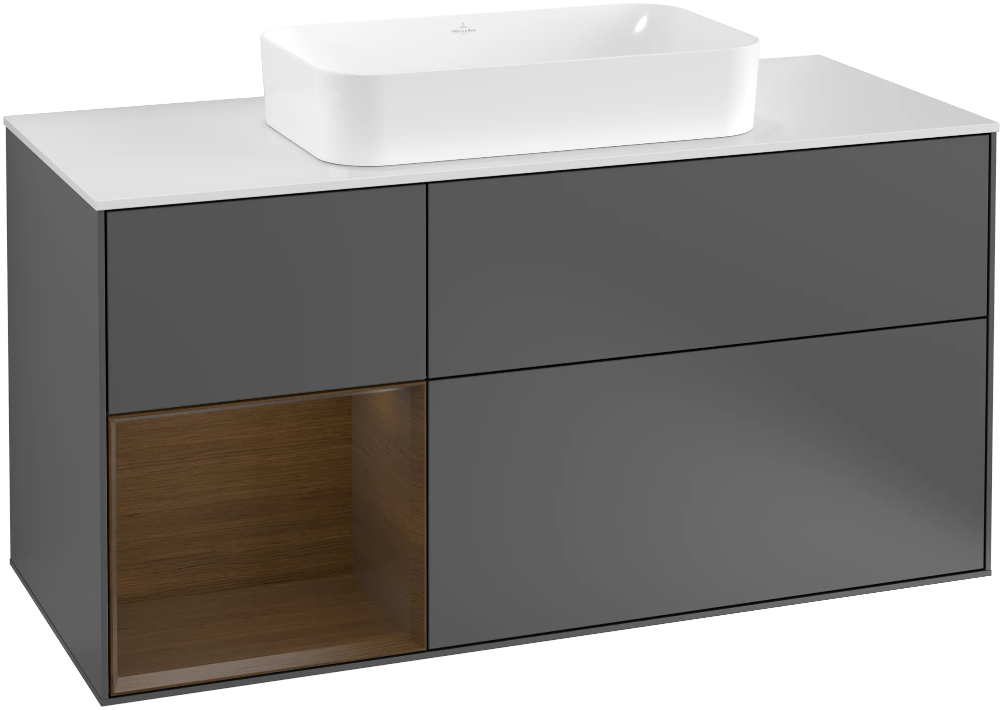 Villeroy & Boch Finion Waschbeckenunterschrank G29 1200x603x501mm Anthrazit Matt Lack / Walnuss Furnier / Glas Weiss Matt