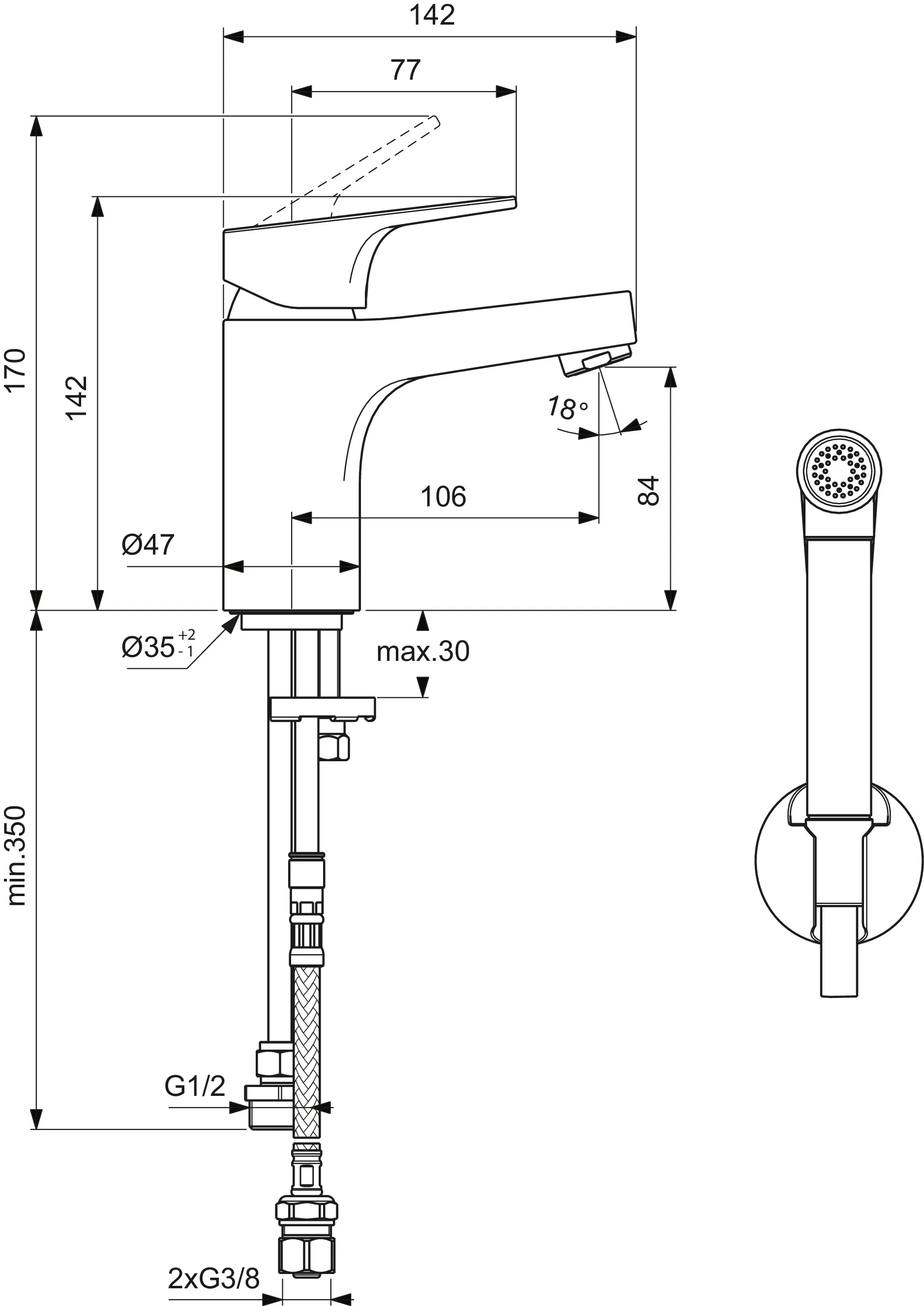 Waschtischarmatur m.sep.Seitenbrause H80 Cerabase ohne Ablaufgarnitur Ausladung 106mm Chrom Waschtischarmatur m.sep.Seitenbrause H80 Cerabase ohne Ablaufgarnitur Ausladung 106mm Chrom