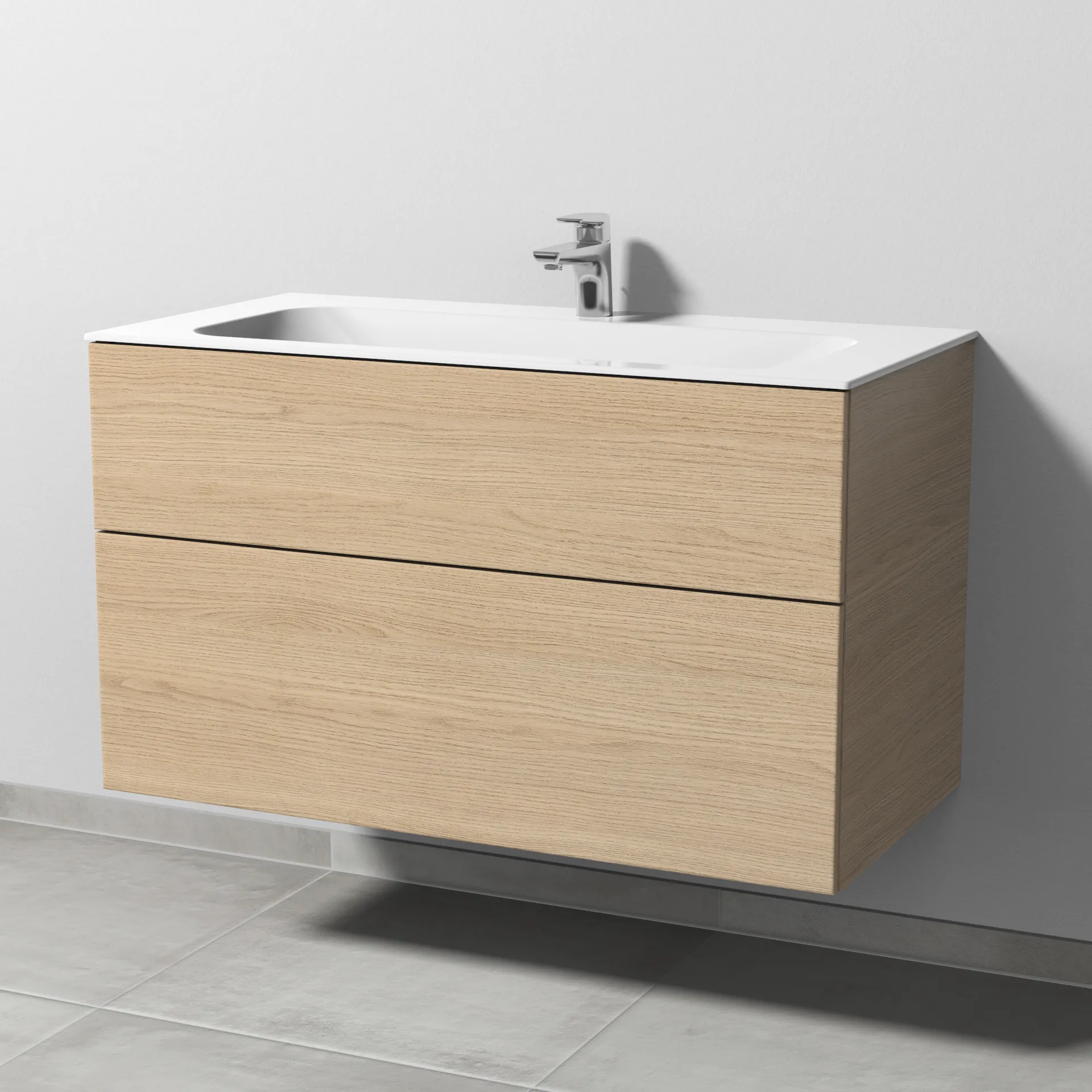 Keramik-Waschtisch-Set mit Waschtischunterschrank „3way“ 99 × 49,7 × 58,2 cm in Eiche Nordic, mit Hahnlochbohrung, Becken mittig