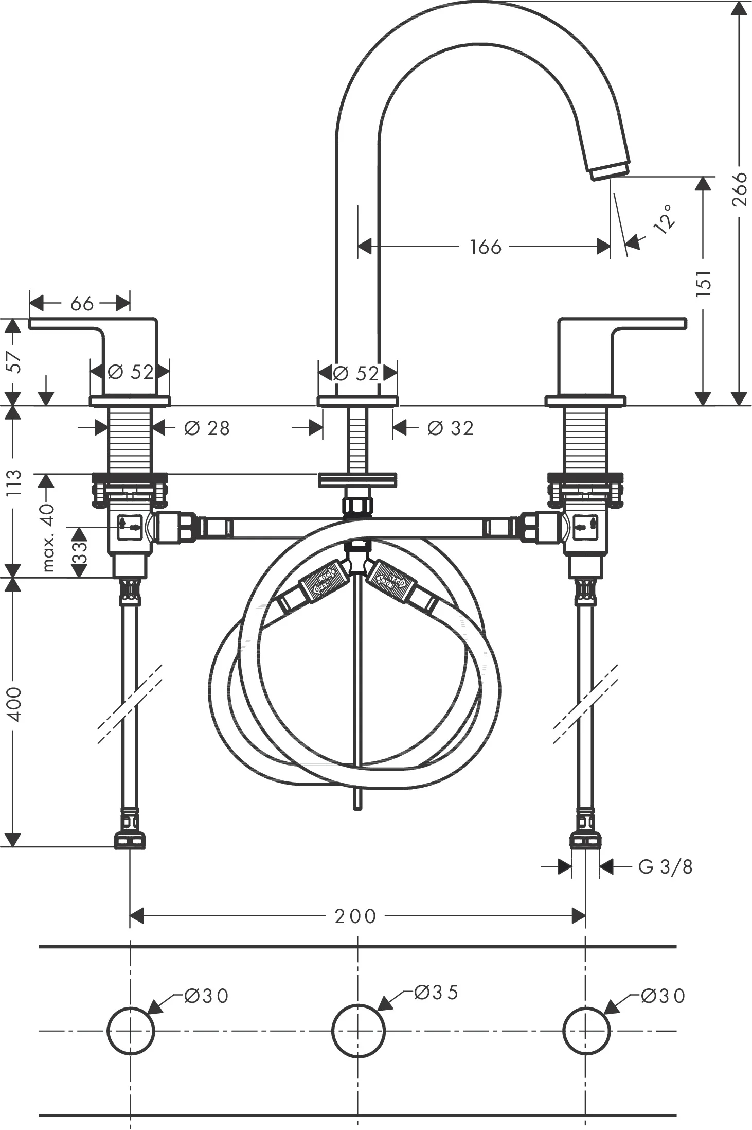 Hansgrohe Vernis Shape 3-Loch Waschtischarmatur Chrom, Ausladung 166 mm, Auslaufhöhe 151 mm, Hebelgriff, Laminarstrahl, max. Durchfluss 5 l/min