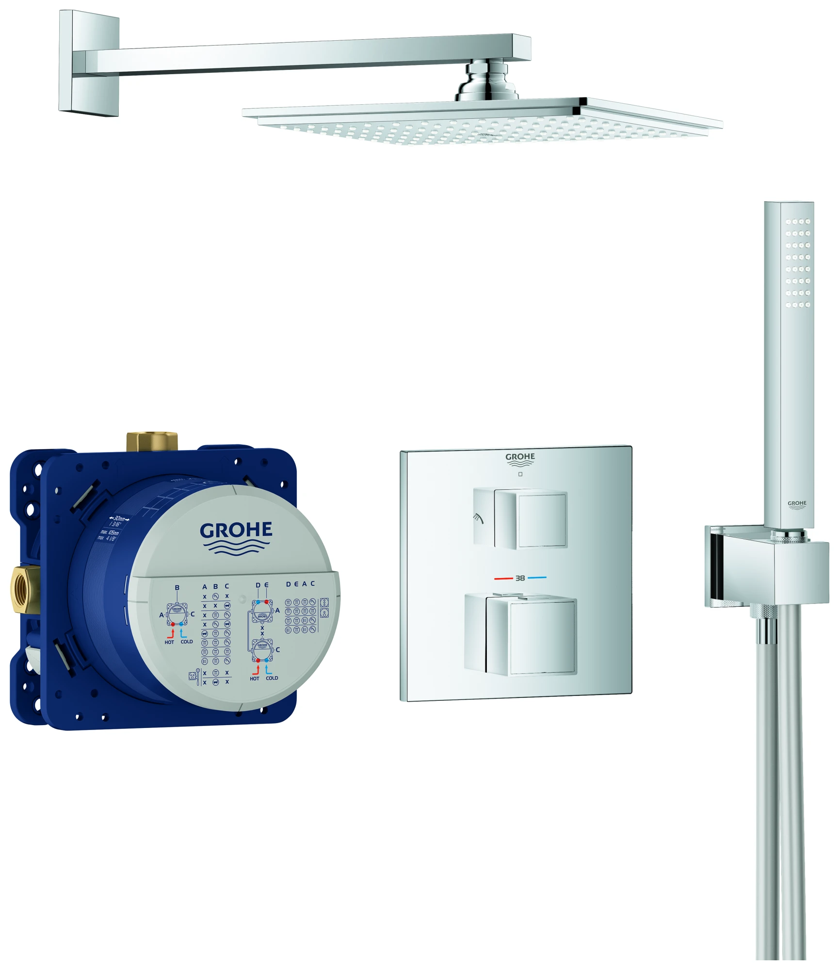 Duschsystem Unterputz Grohtherm Cube 34741, mit Grohtherm Cube Thermostat, Rainshower Allure 230 Metall-Kopfbrause, Euphoria Cube Handbrause, chrom