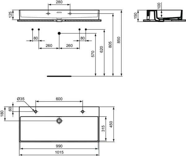 Waschbecken „Extra“ 100 × 45 × 15 cm, Hahnlochposition links und rechts in Weiß