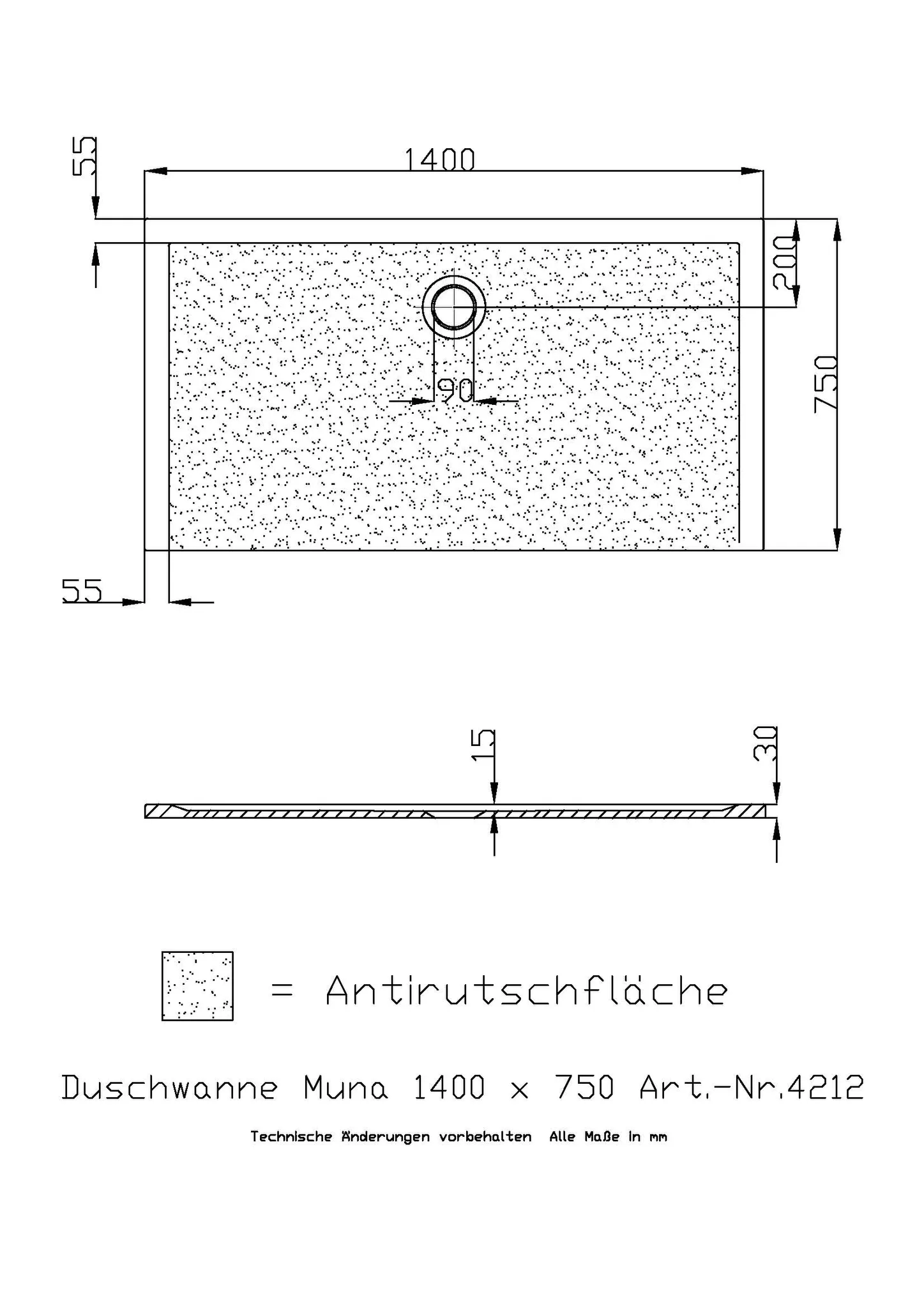 Duschwanne „Muna“ Rechteck 140 × 75 cm in Telegrau