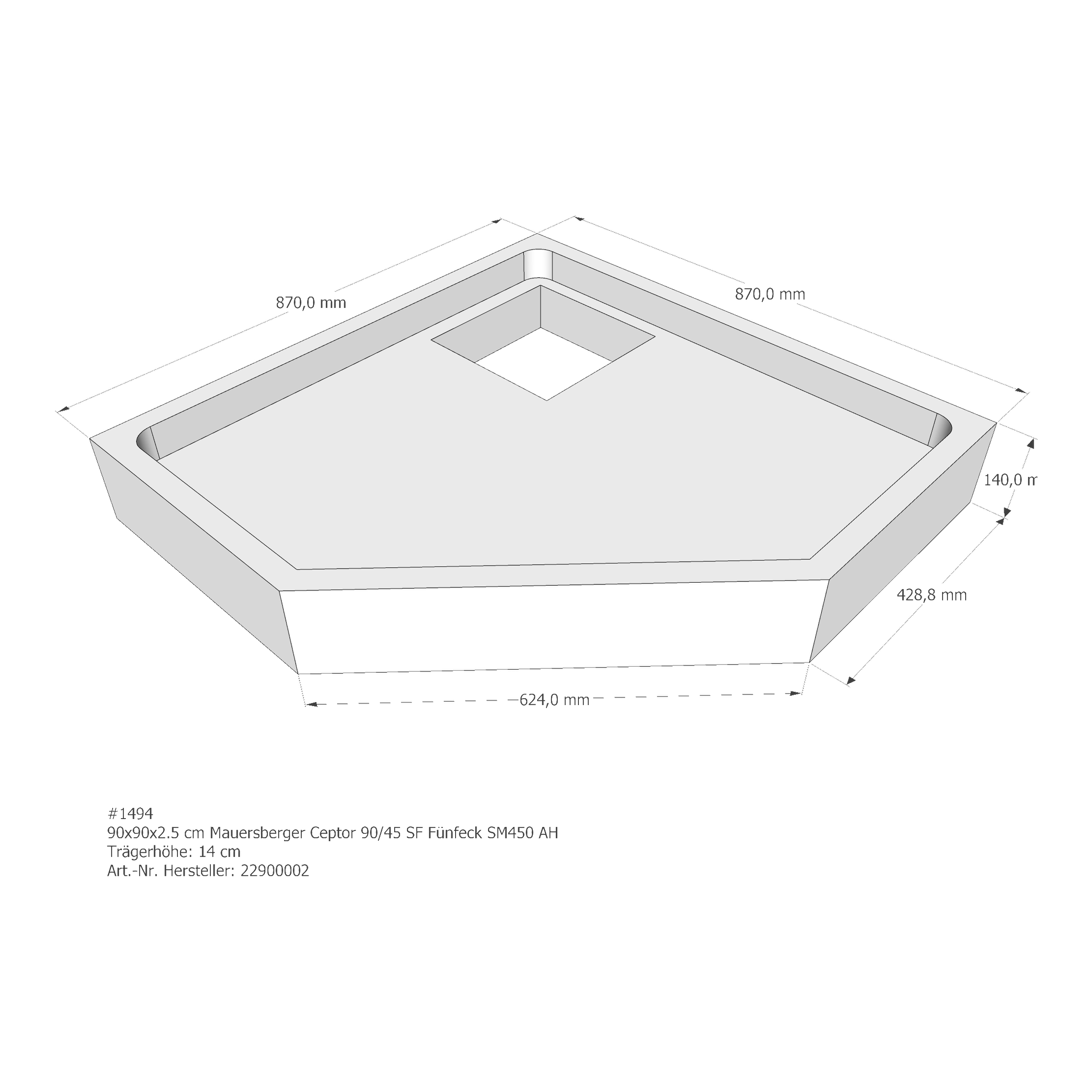 Duschwannenträger Mauersberger Ceptor 90/45 SF 90x90x2,5 cm Fünfeck SM450/635/450 AH