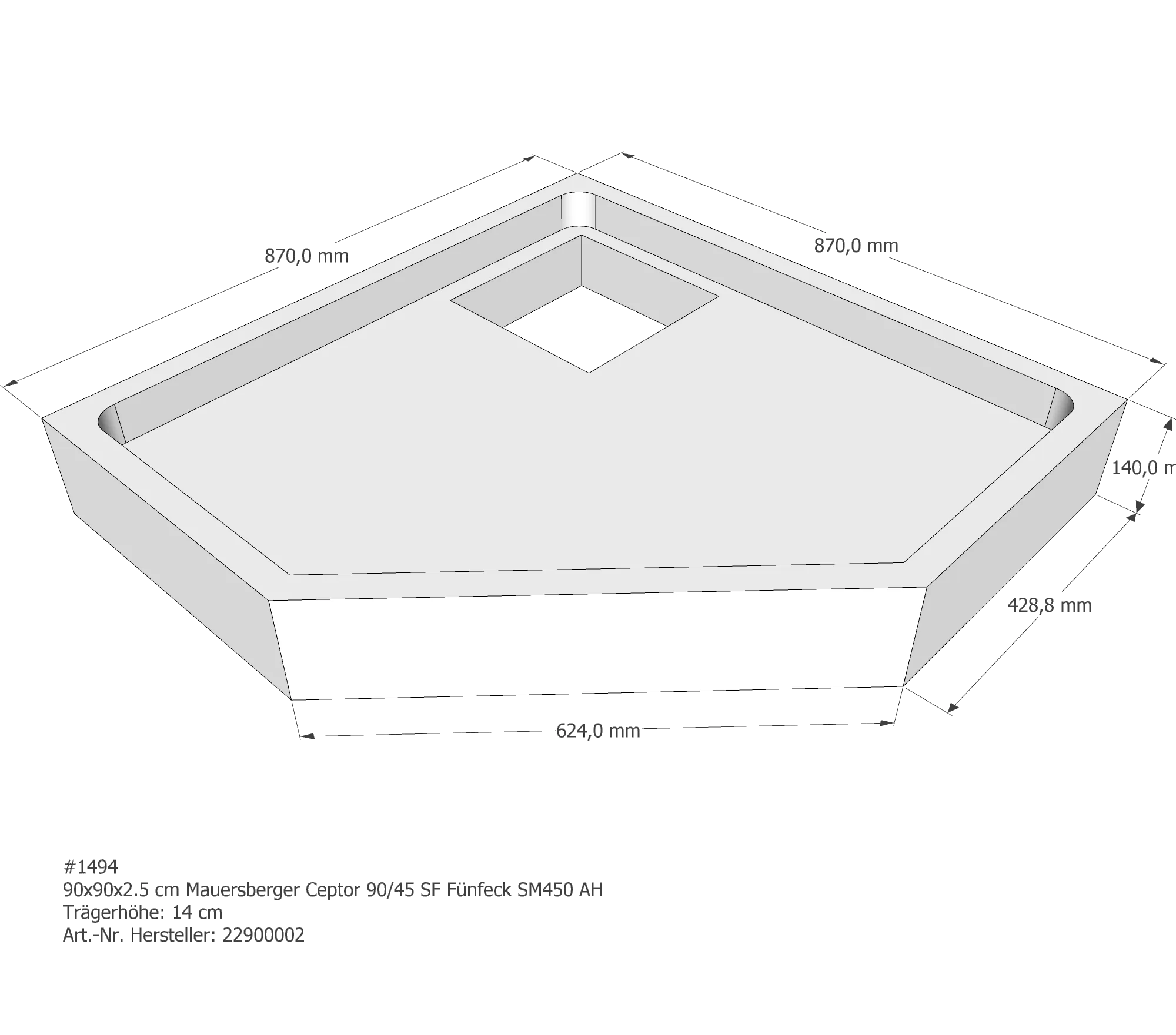 Duschwannenträger passend für Mauersberger Ceptor 90 × 90 × 2,5 cm